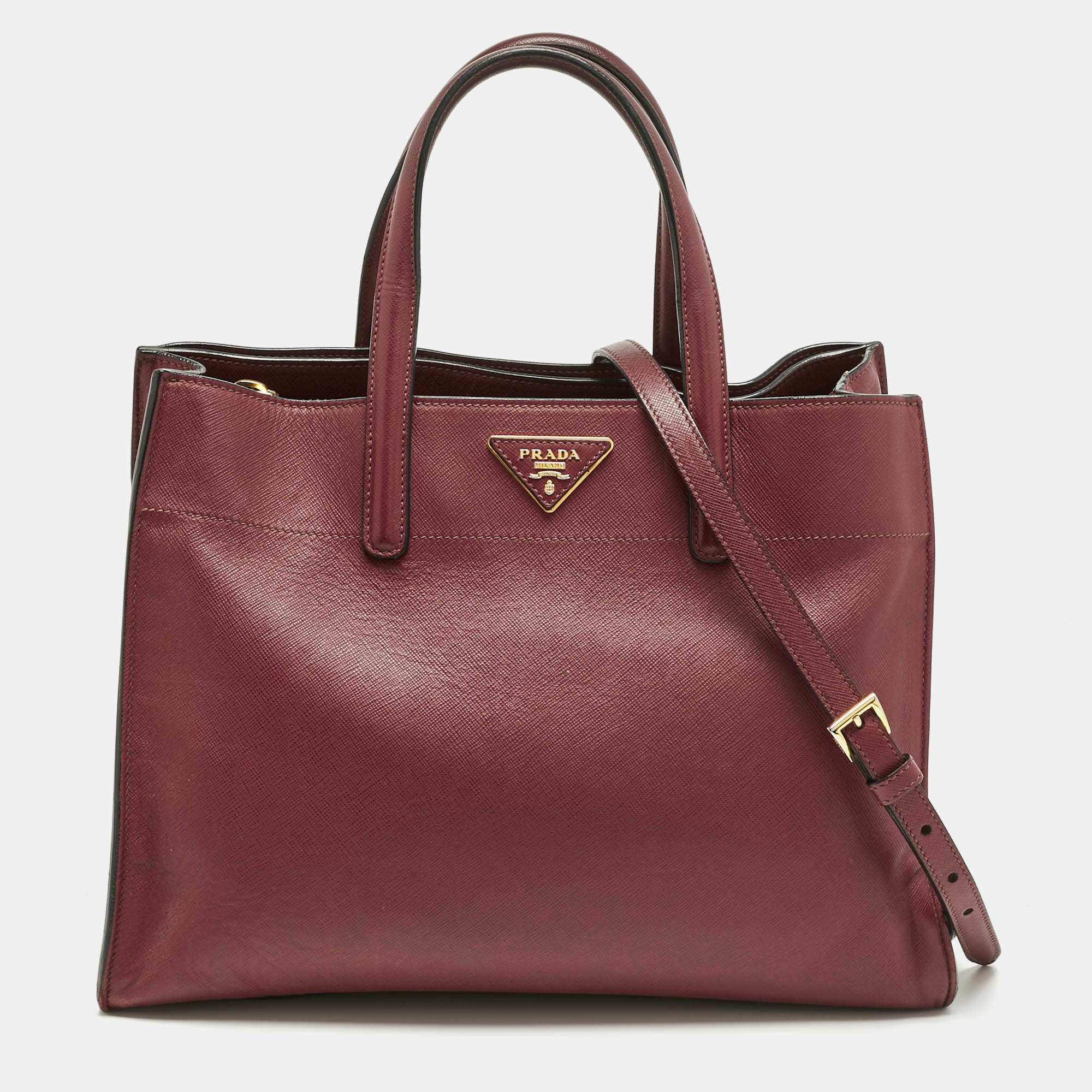 Pre Owned Prada Burgundy Saffiano Soft Leather Middle Zip Tote