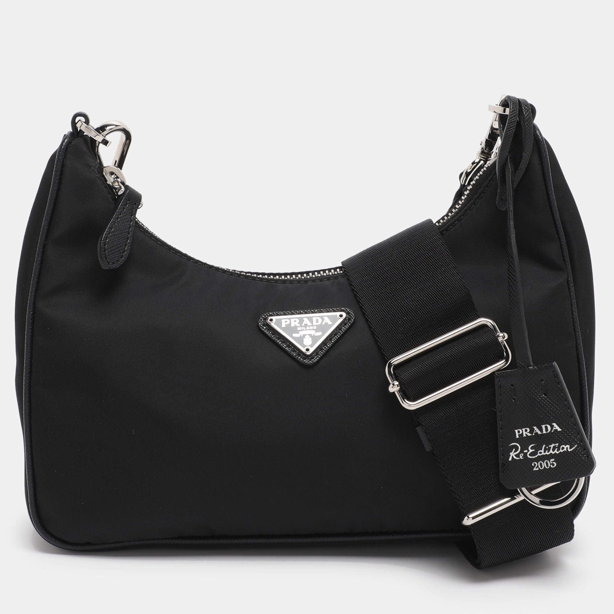 Pre Owned Prada Black Nylon and Saffiano Leather Re-Edition 2005 Baguette Bag