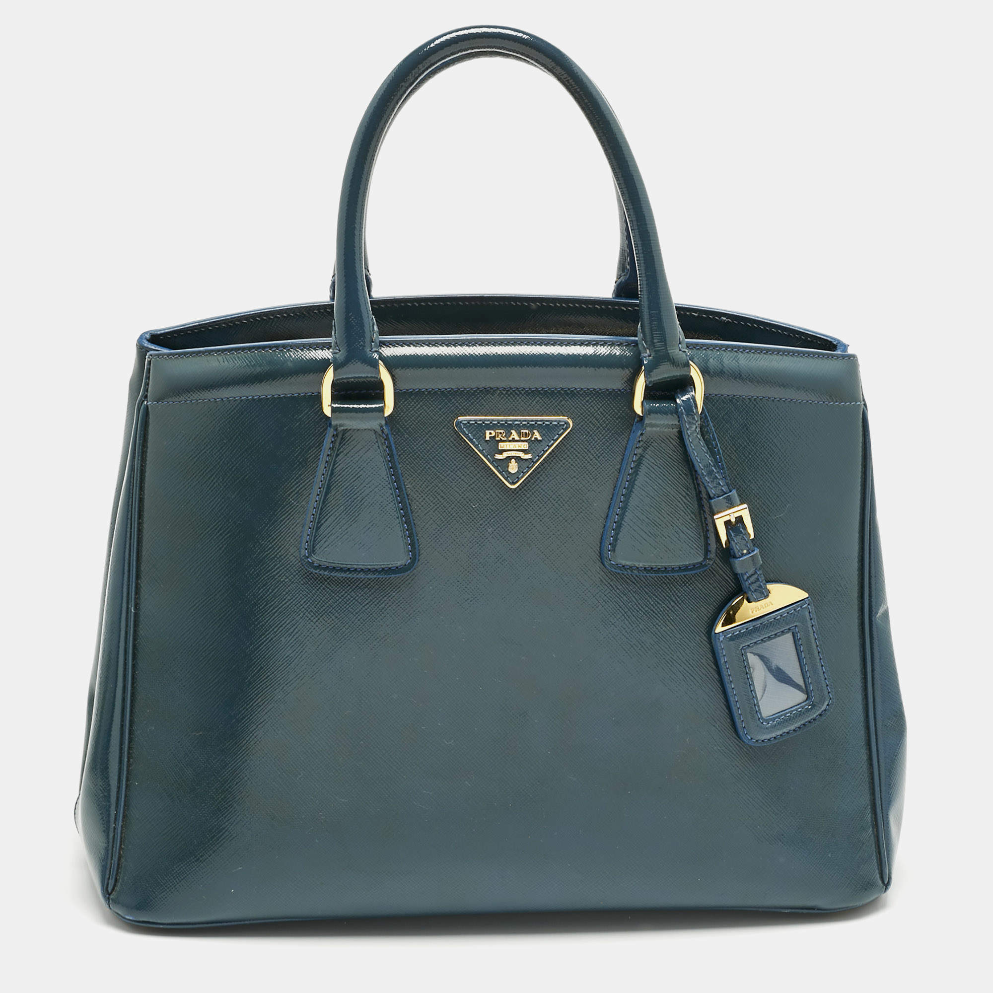 Pre Owned Prada Blue Saffiano Patent Leather Parabole Tote