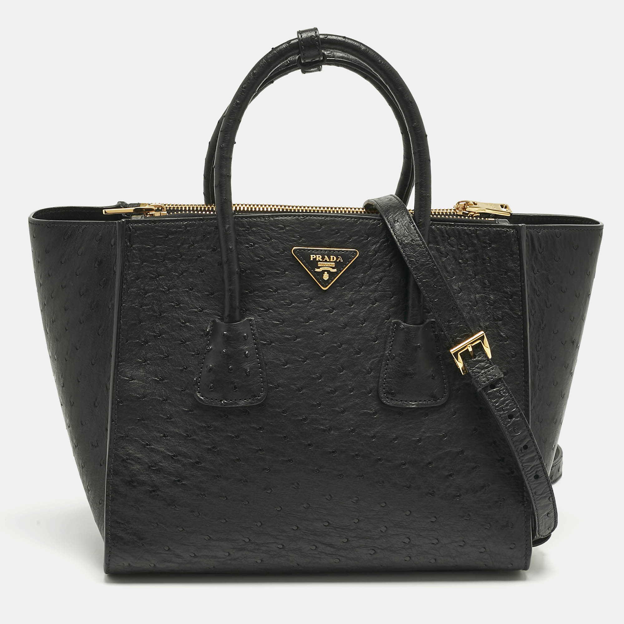 Pre Owned Prada Black Ostrich Twin Pocket Tote
