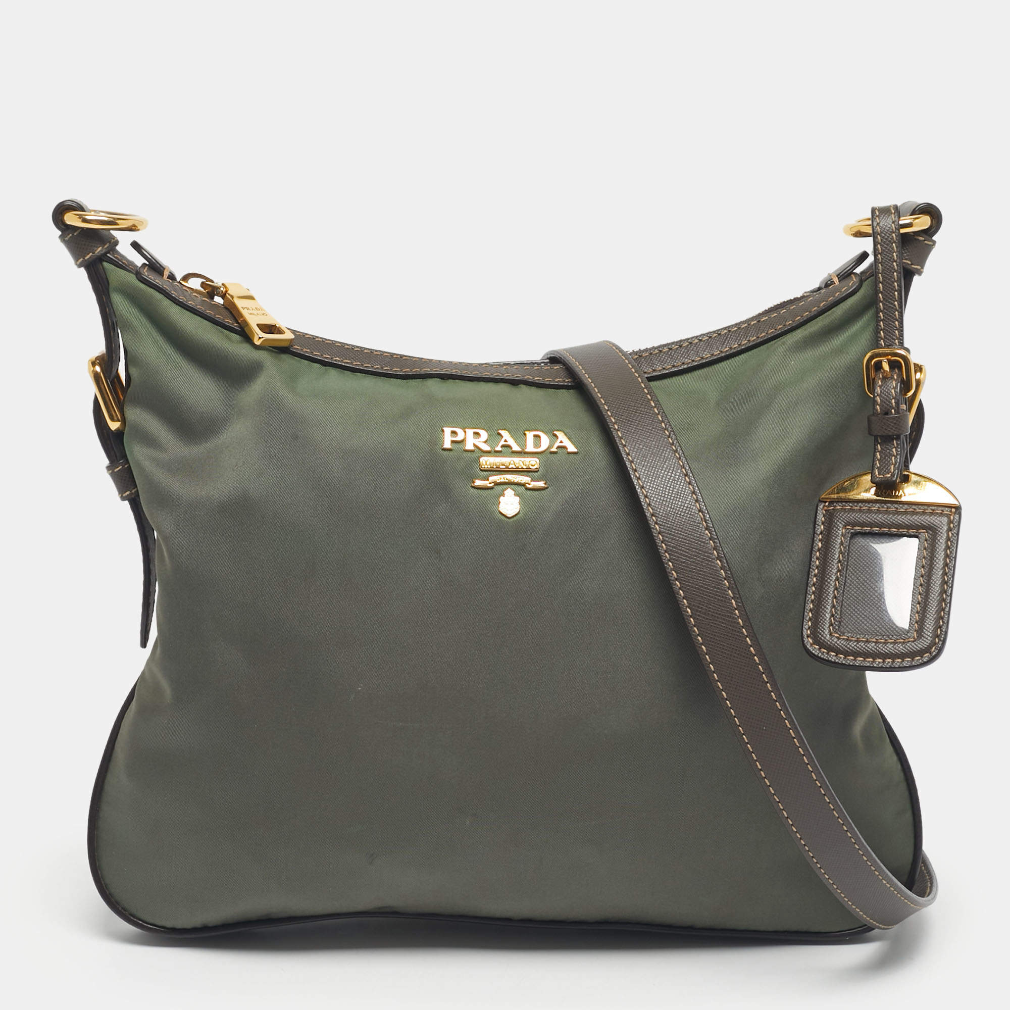 Pre Owned Prada Green/Brown Leather and Nylon Logo Crossbody Bag