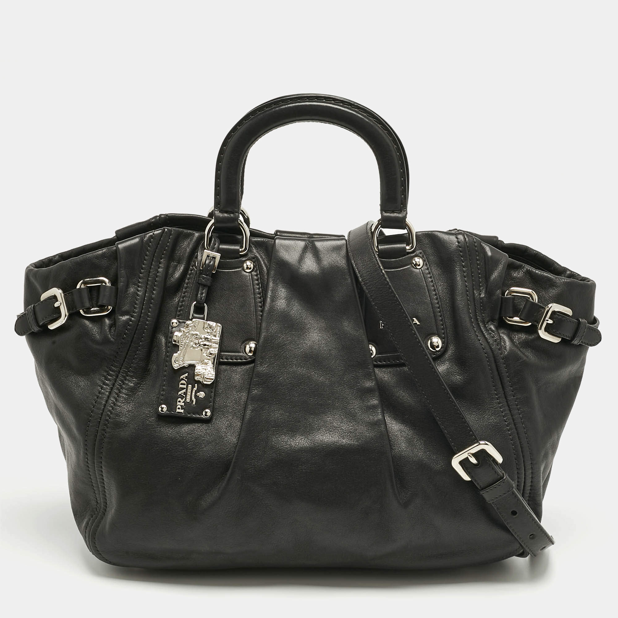 Pre Owned Prada Black Leather Pleated Satchel