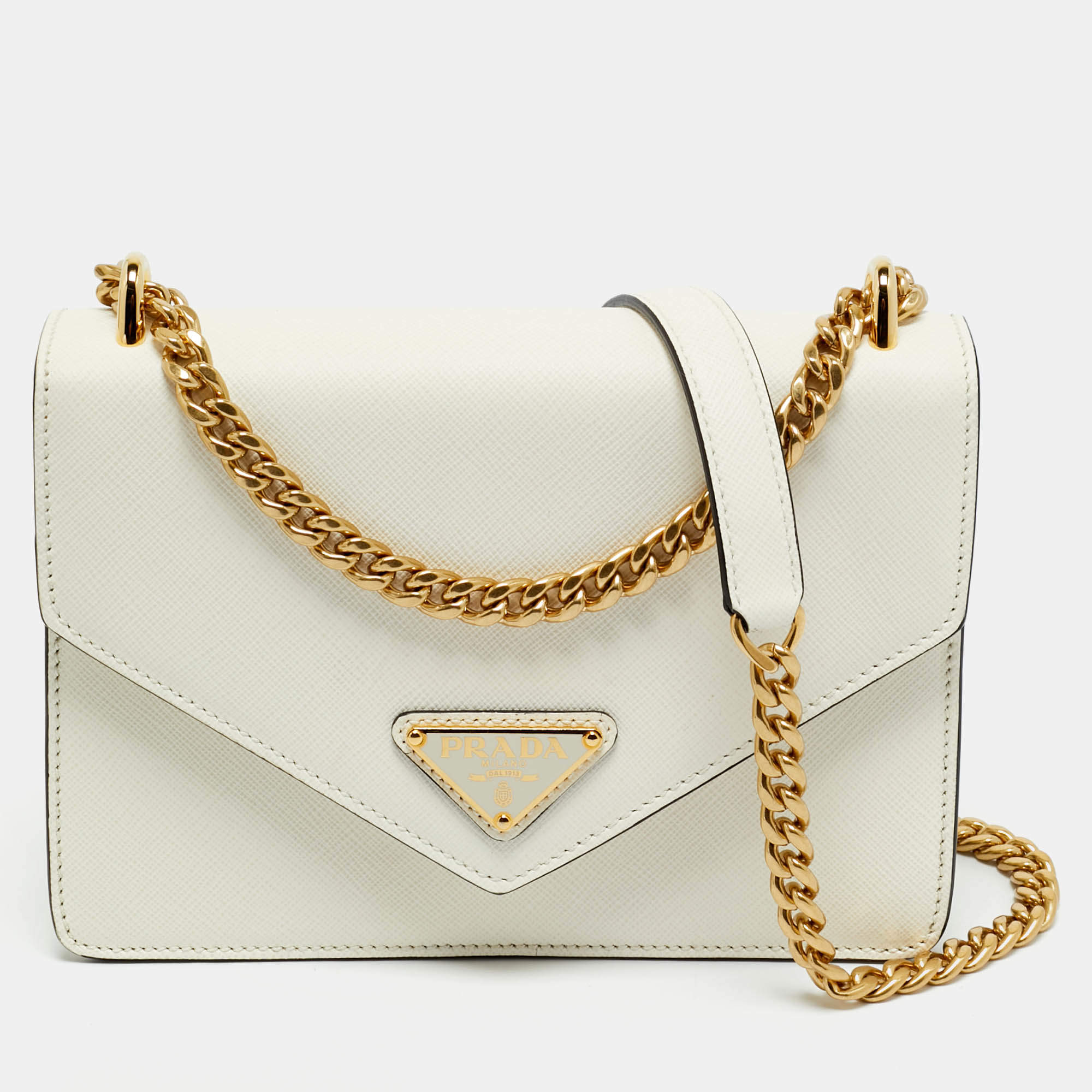 Pre Owned Prada White Saffiano Lux Leather Triangle Logo Envelope Chain Bag