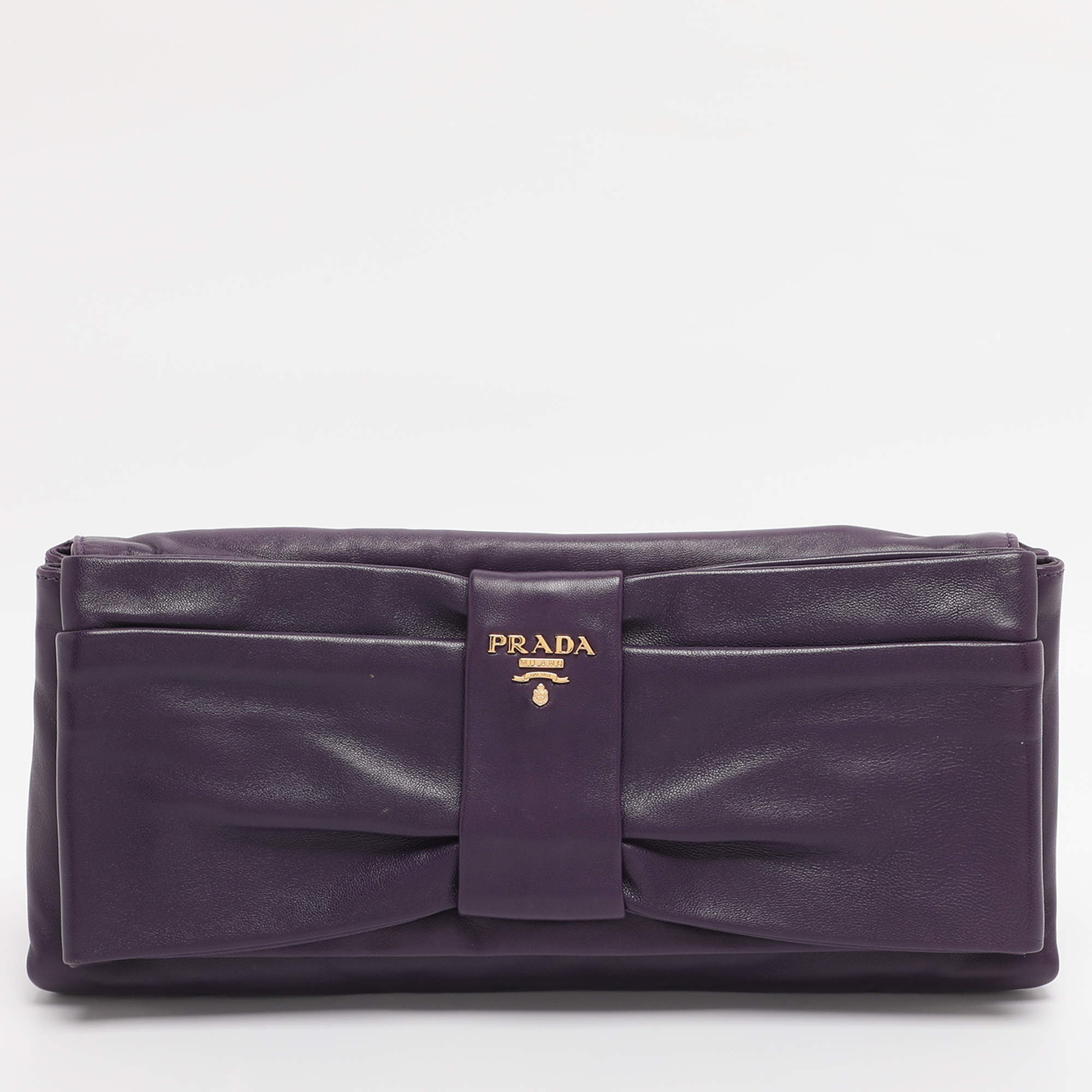Pre Owned Prada Purple Leather Bow Clutch