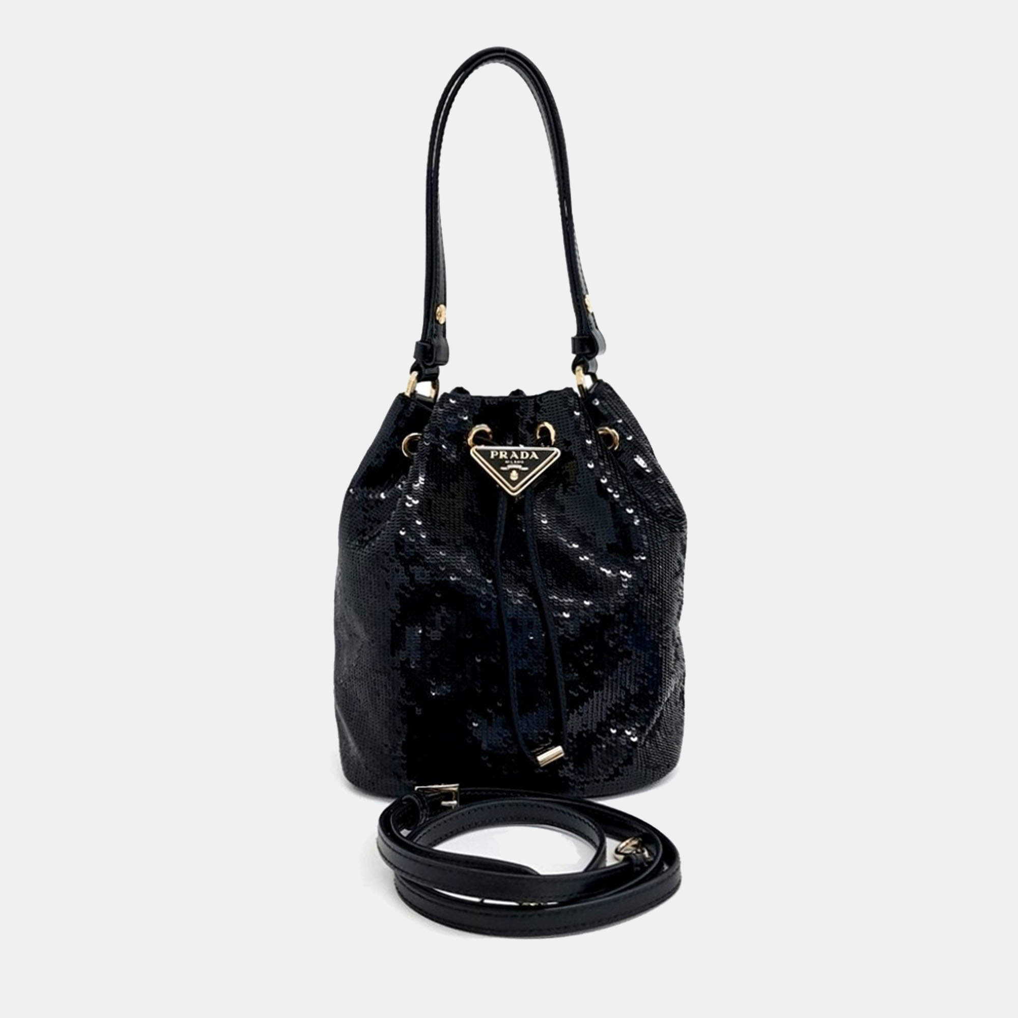 Pre Owned Prada Black Nylon and Sequins Sequined Re-Nylon Bucket Bag
