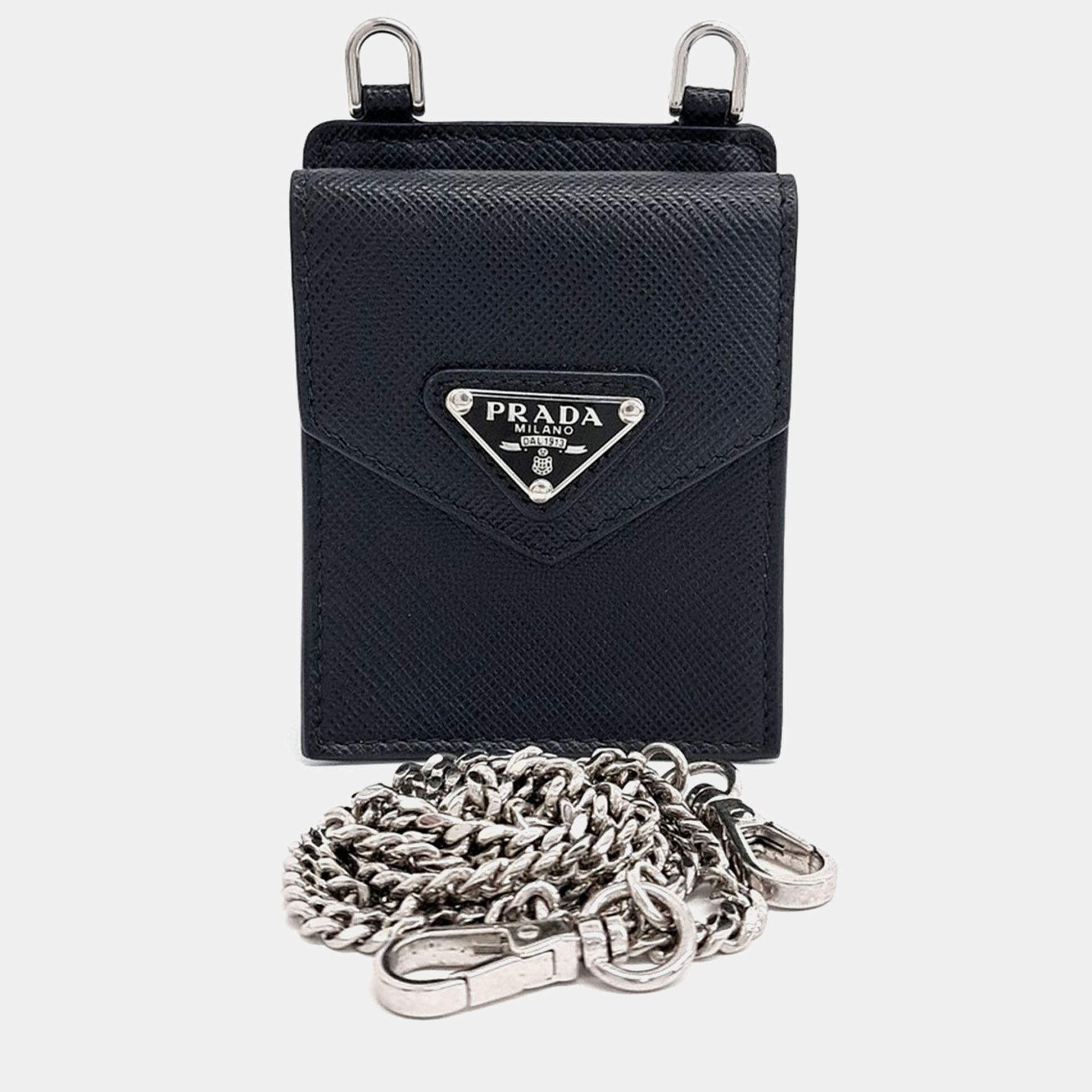 Pre Owned Prada Black Leather Saffiano Earphone Case