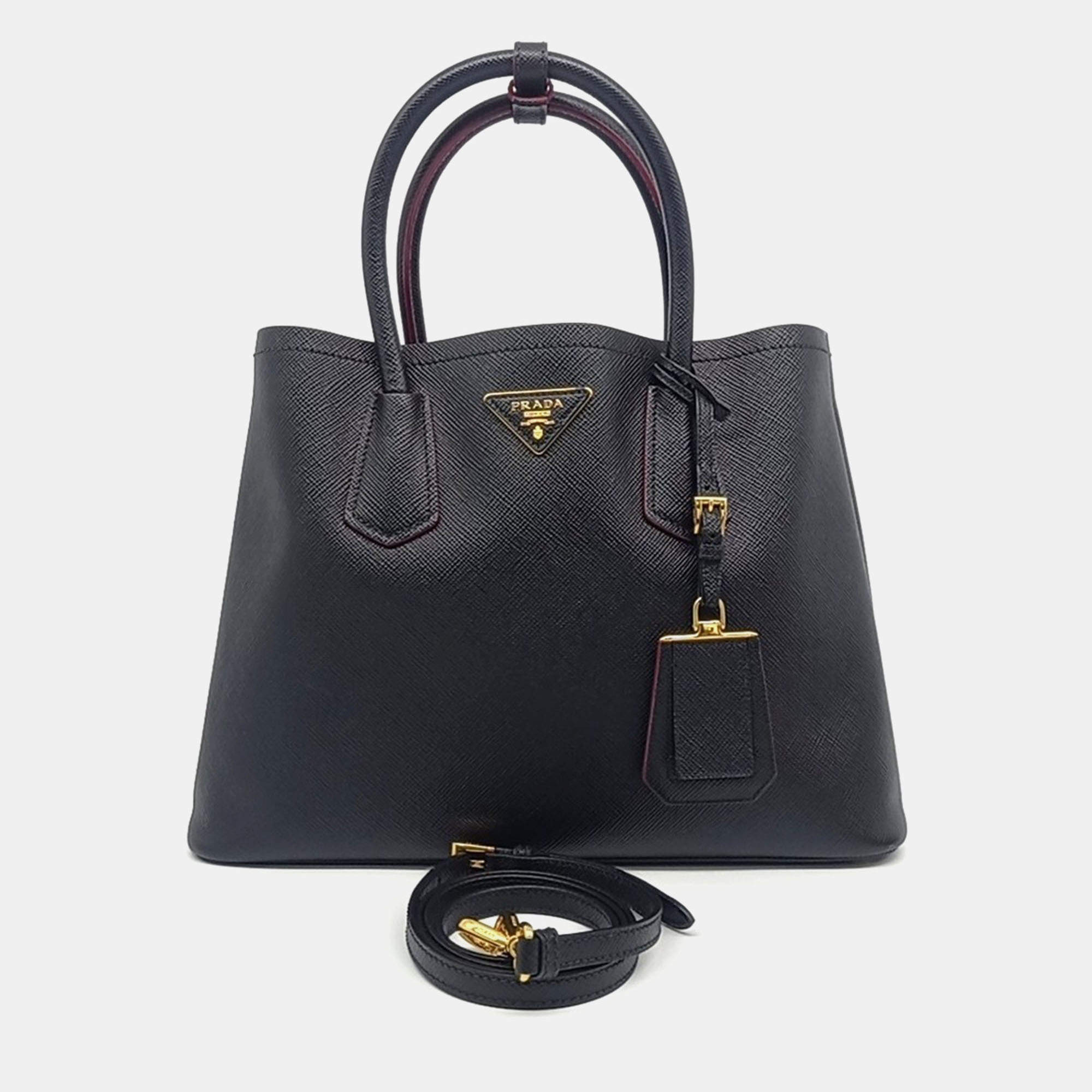 Pre Owned Prada Black Leather Saffiano Double Tote and Shoulder Bag