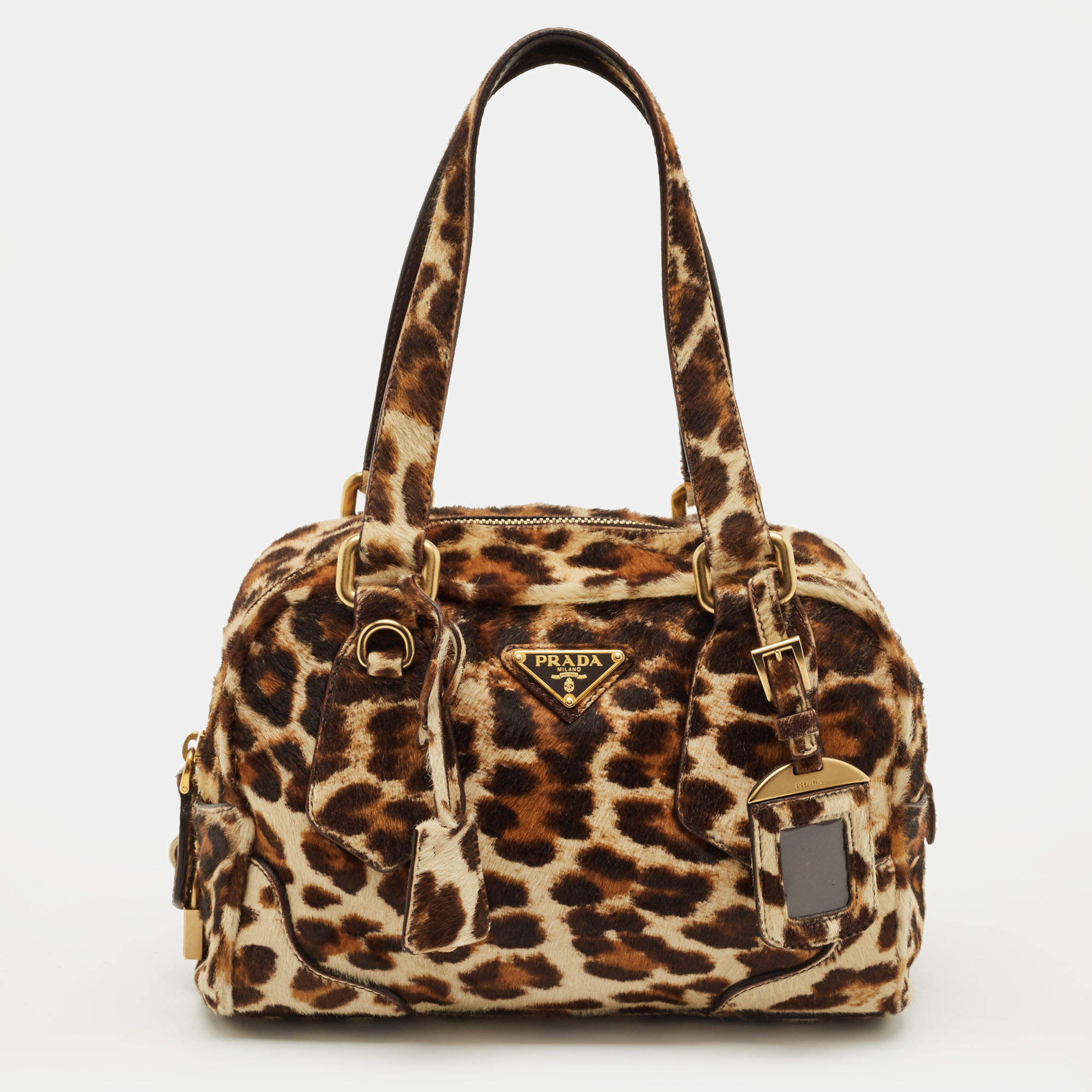 Pre Owned Prada Brown Leopard Print Calfhair Boston Bag