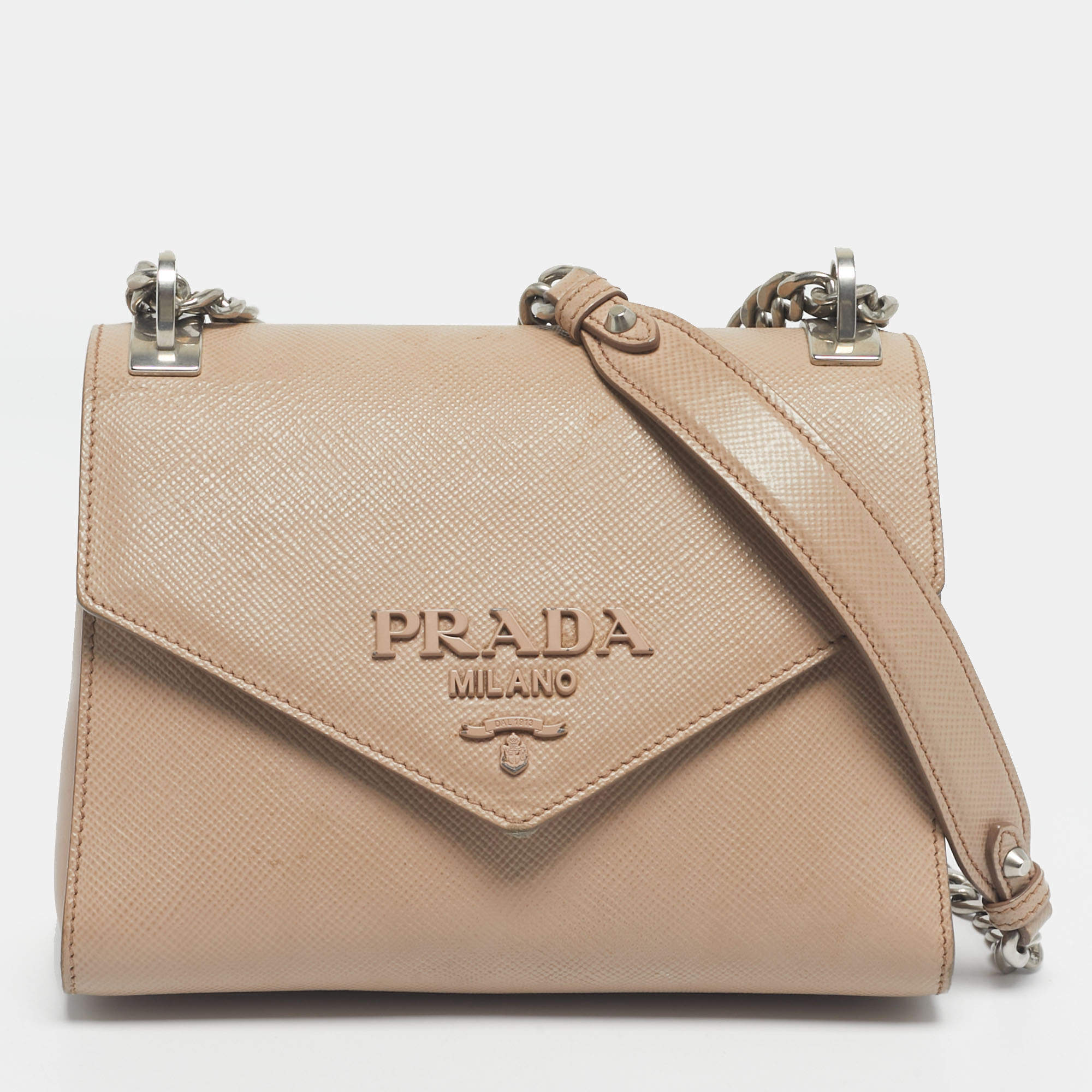 Pre Owned Prada Beige Saffiano Cuir Leather Monochrome Envelope Flap Shoulder Bag
