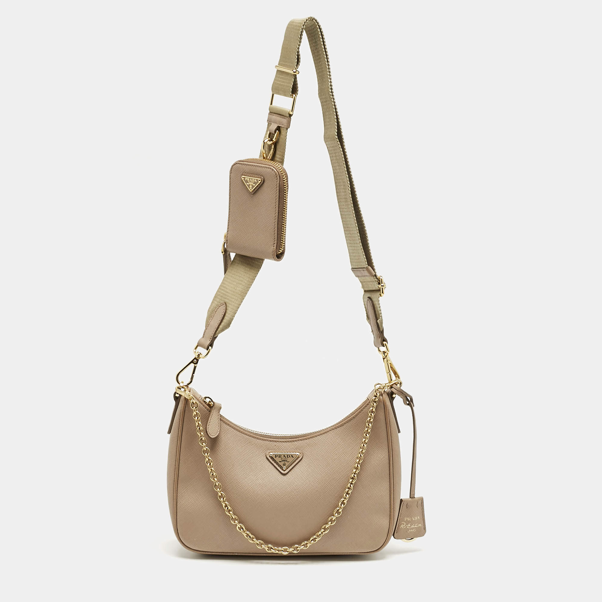 Pre Owned Prada Beige Saffiano Lux Leather Re-Edition 2005 Shoulder Bag