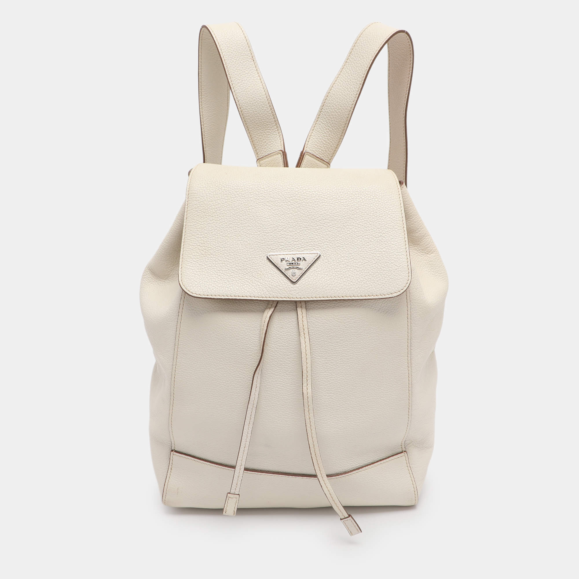 Pre Owned Prada Cream Leather Drawstring Backpack