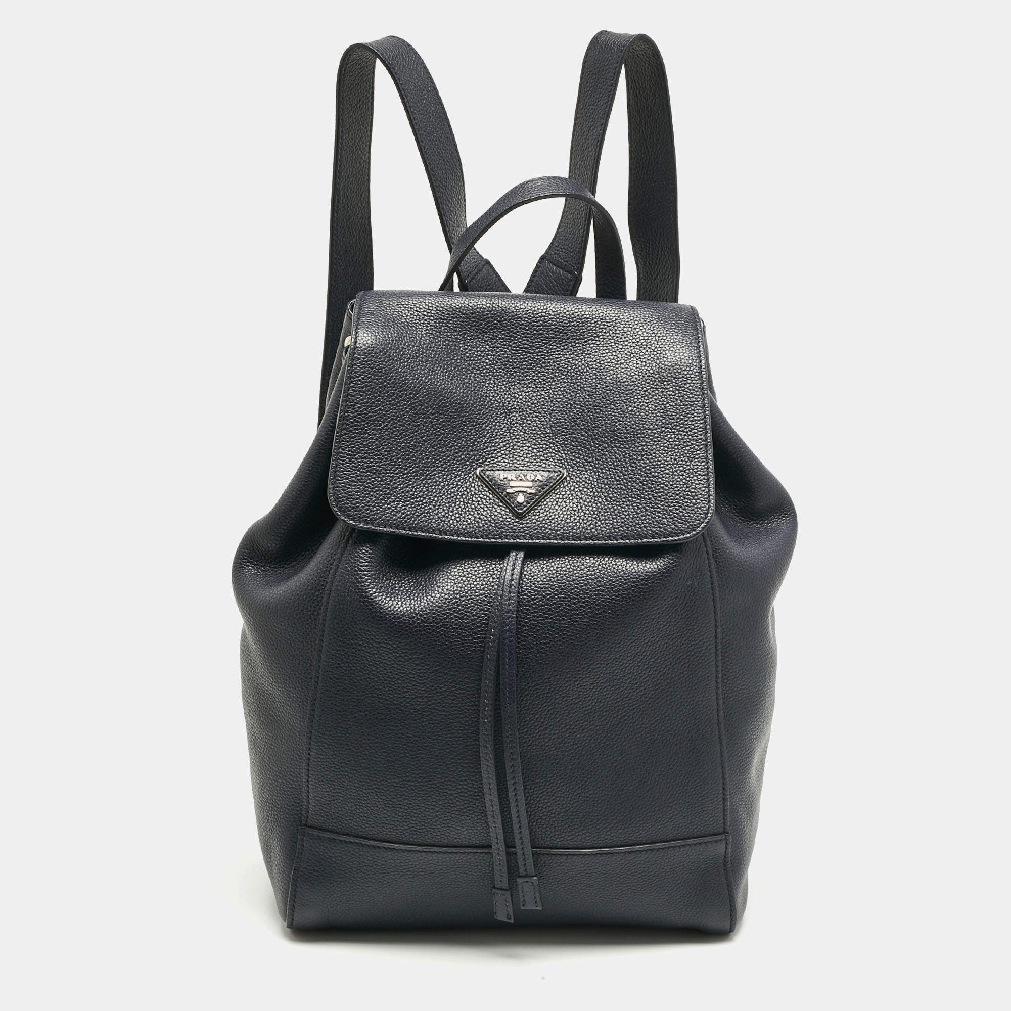 Pre Owned Prada Navy Blue Leather Drawstring Flap Backpack