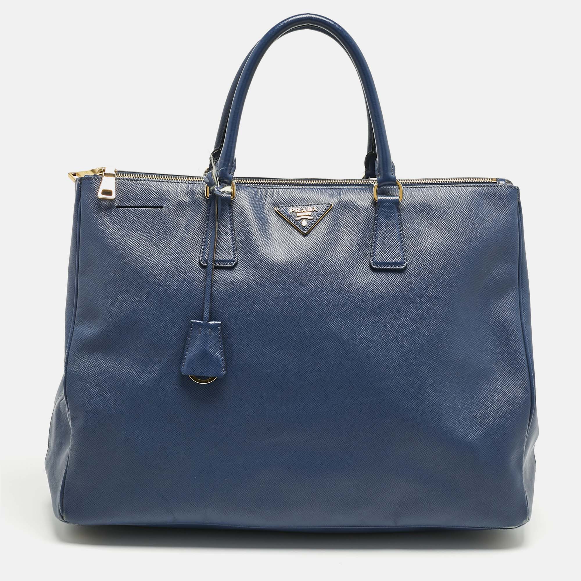 Pre Owned حقيبة يد برادا جلد سافيانو أزرق بحري تنفيذي بسحاب مزدوج