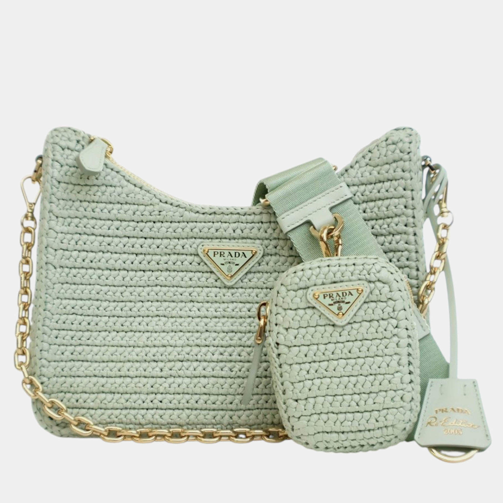 Pre Owned Prada Green Yarn Effect Raffia Crochet Re Edition 2005 Satchel