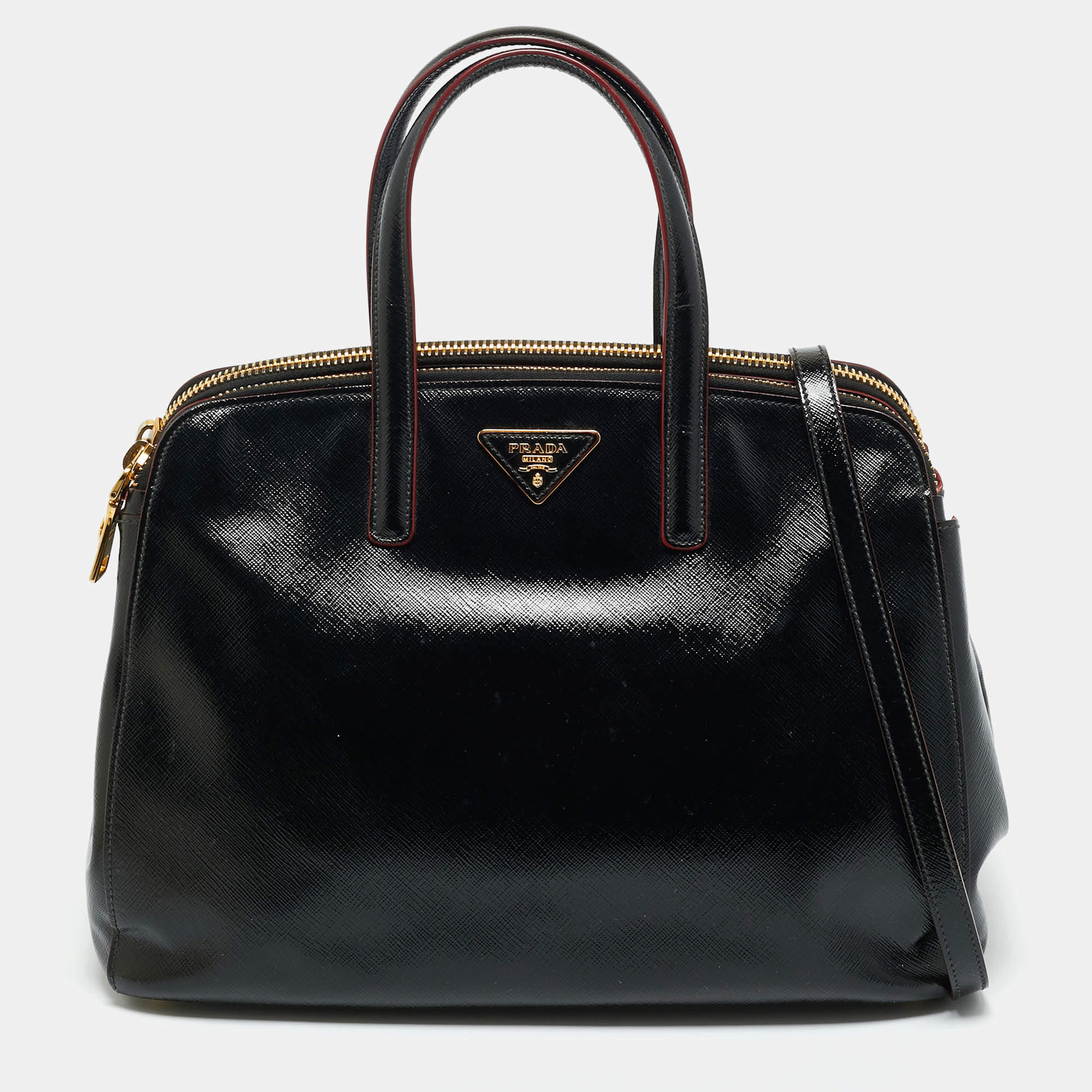 Pre Owned Prada Black Saffiano Vernic Leather Double Zip Satchel