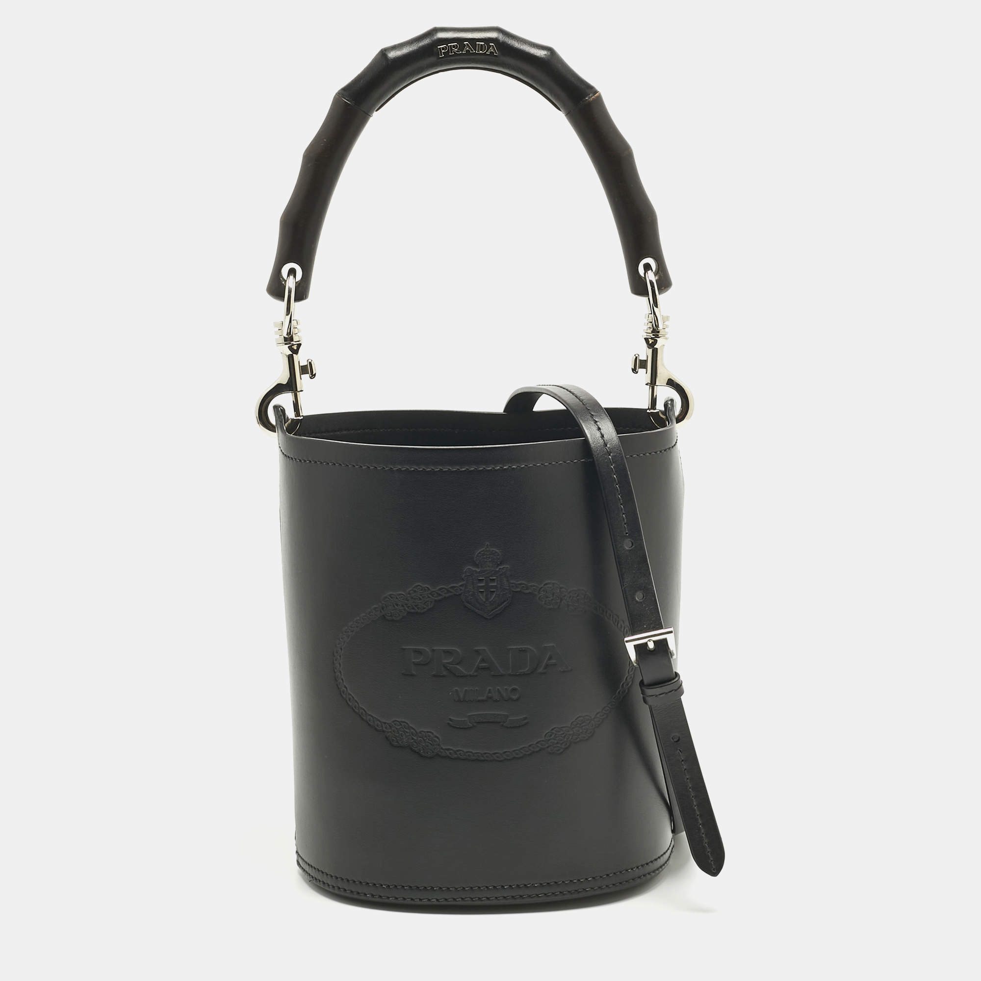 مملوكة مسبقًا Prada Black Leather Tambour Bucket Bag