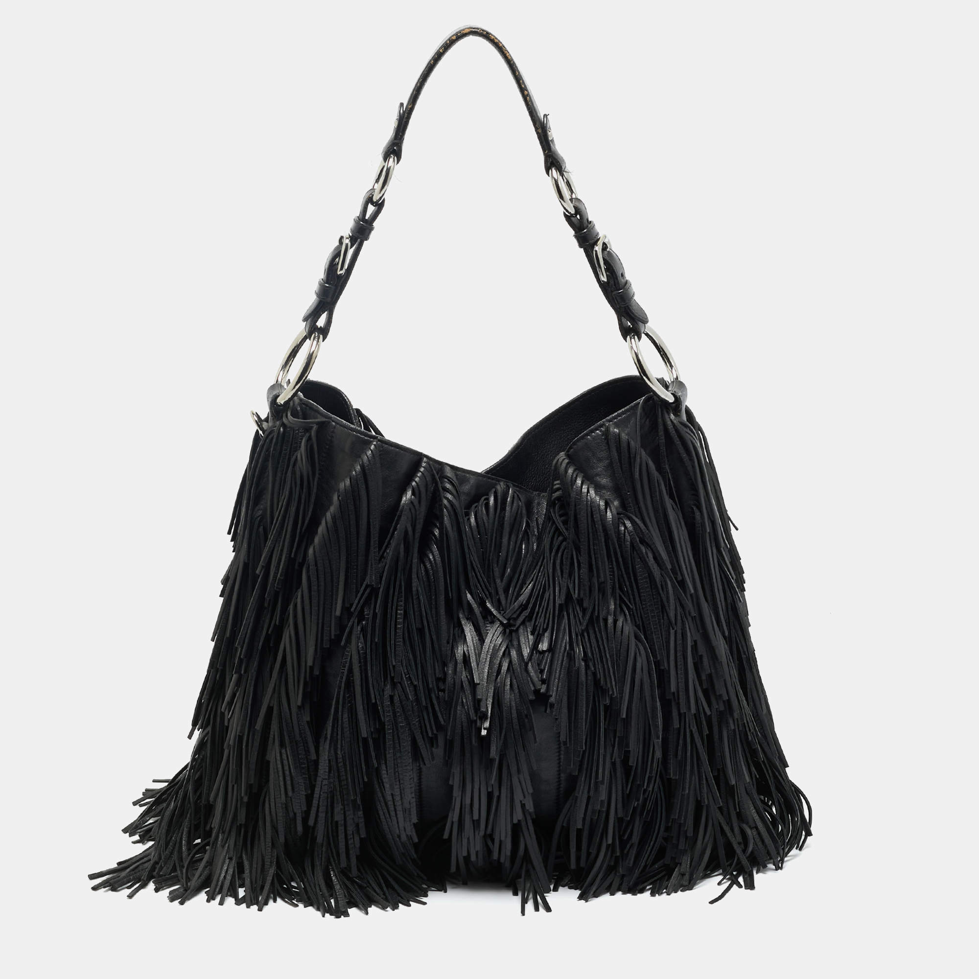 Pre Owned Prada Black Leather Fringe Hobo 