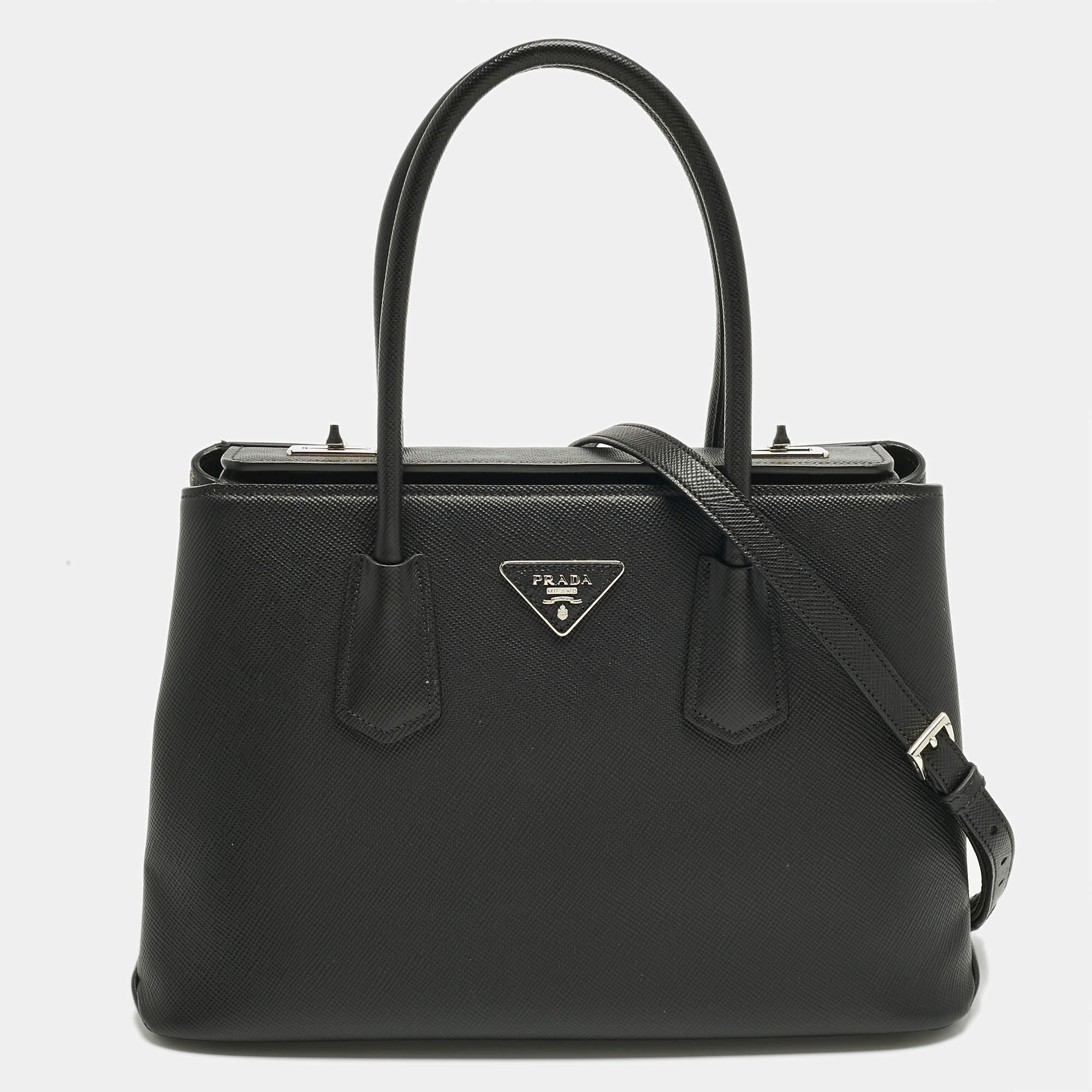 Pre Owned Prada Black Saffiano Cuir Leather Twin Lock Tote