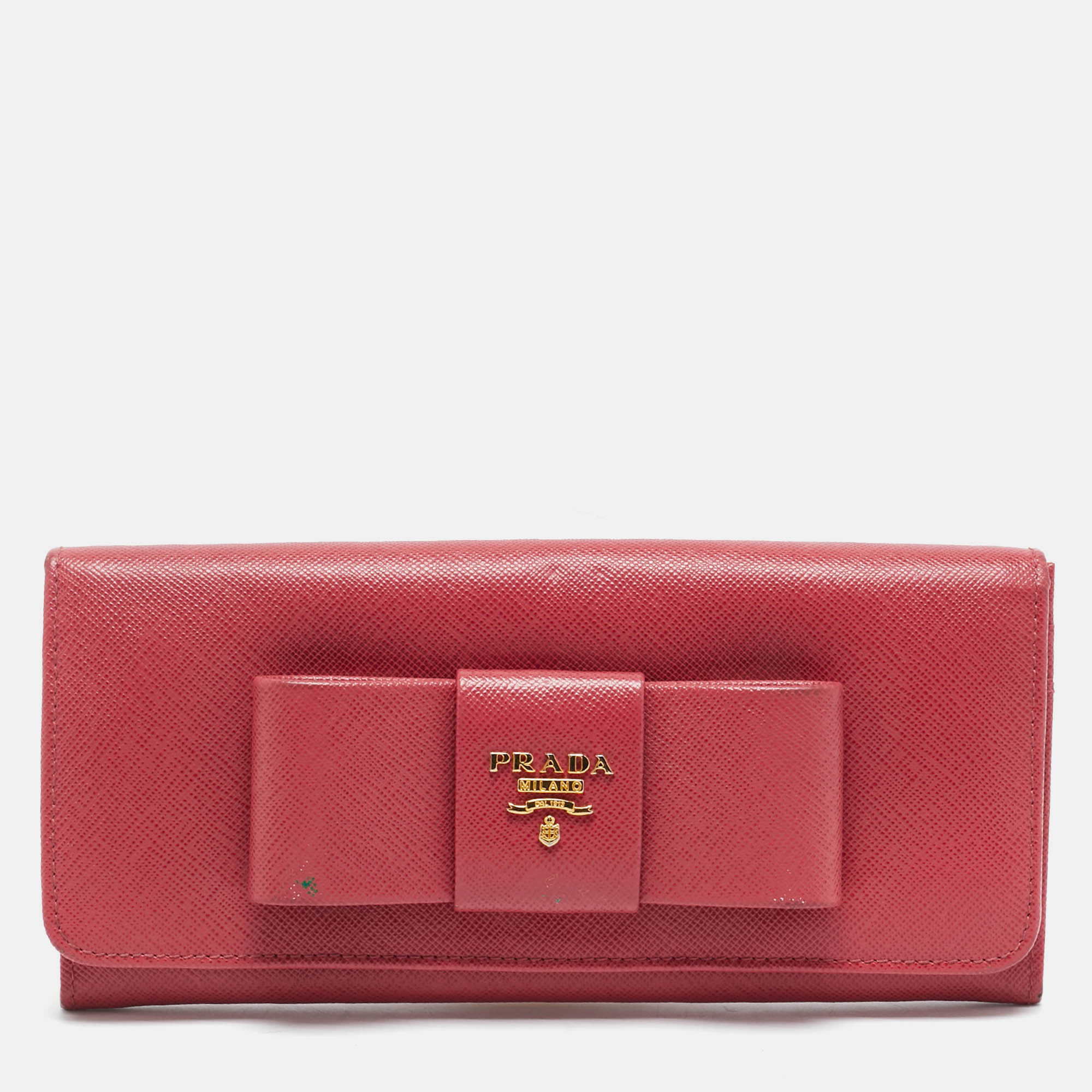 Pre Owned Prada Pink Saffiano Metal Leather Bow Flap Continental Wallet