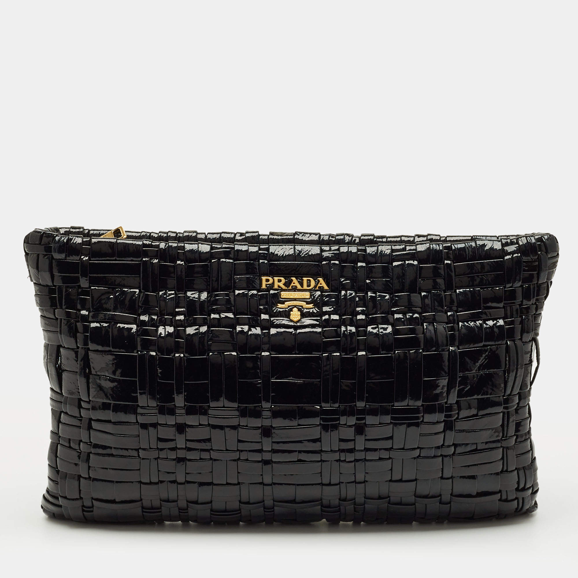 Pre Owned Prada Black Patent Leather Woven Slim Clutch