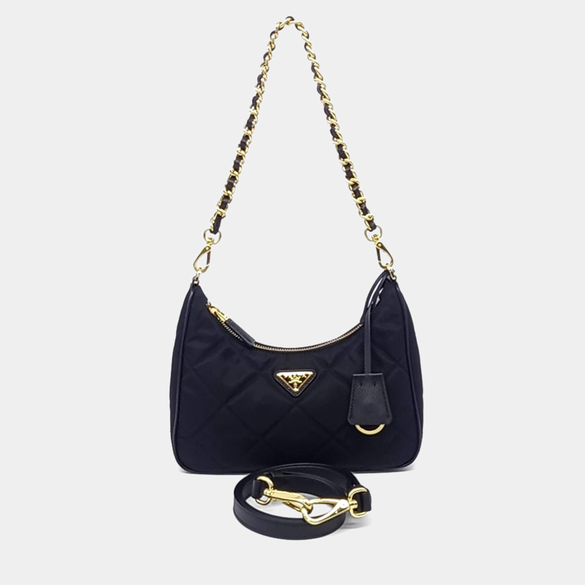 Pre Owned Prada Black Nylon Re-Nylon Tessuto Chain Strap Hobo Bag