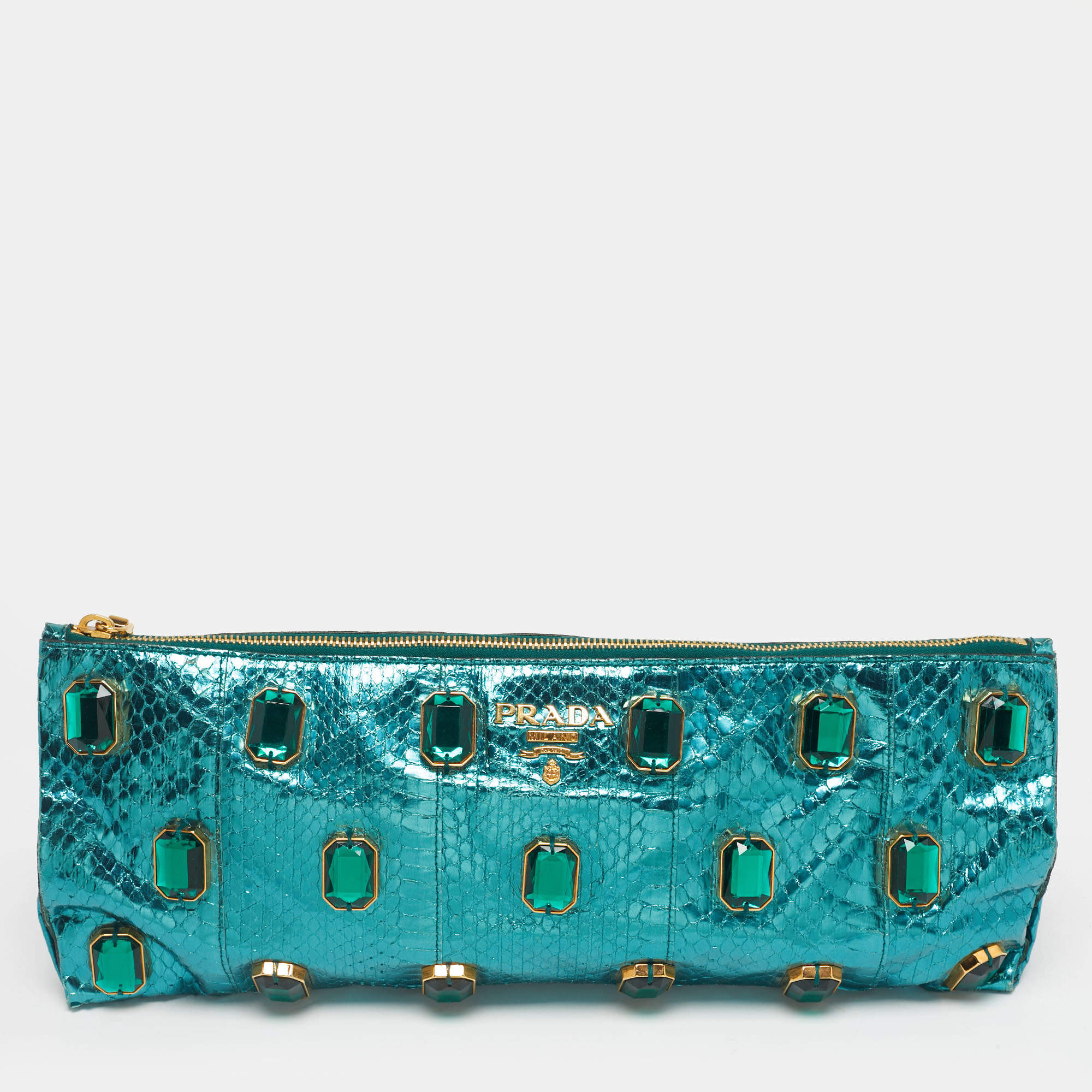 Pre Owned Prada Metallic Teal Snakeskin Whips Pietre Clutch