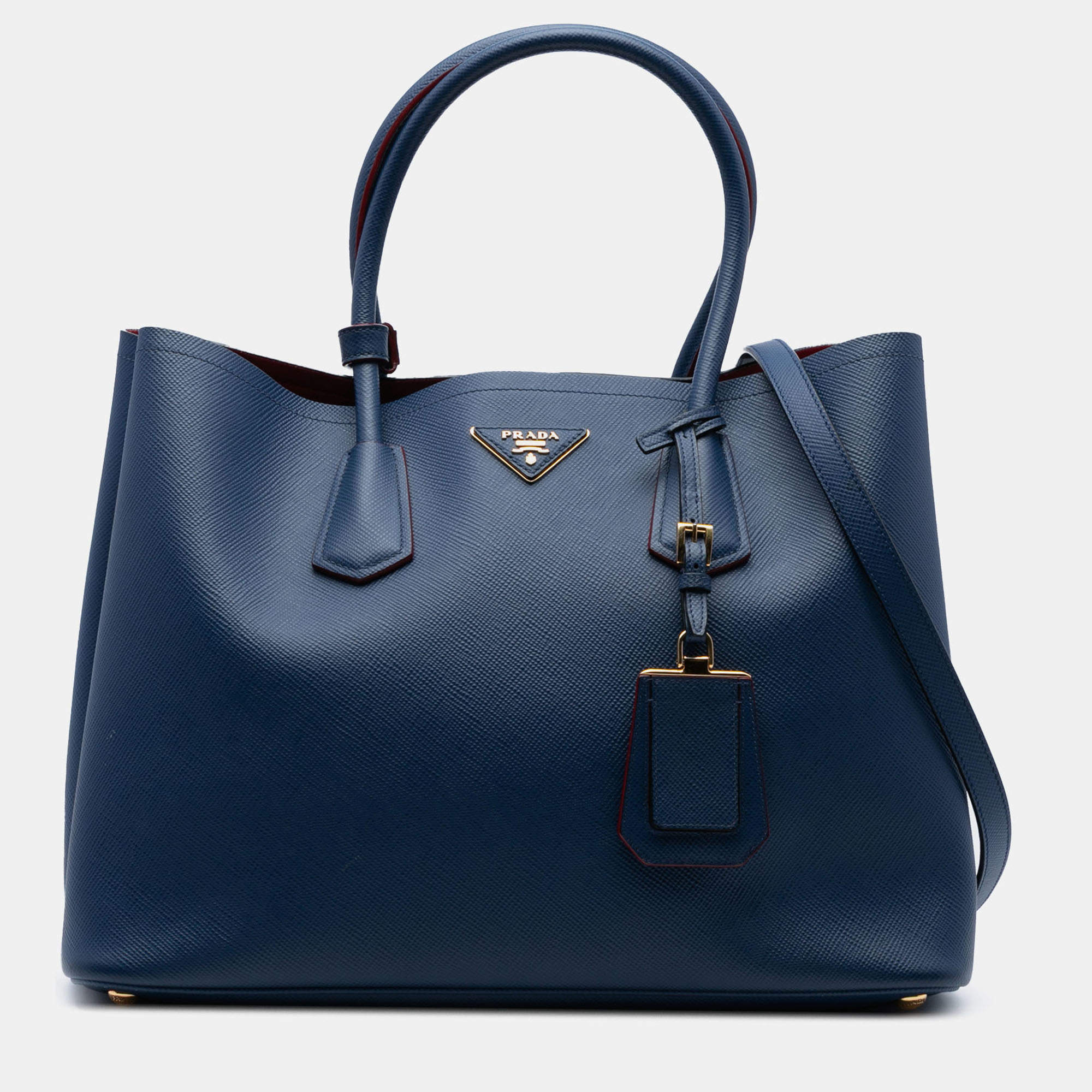 Pre Owned Prada Blue Medium Saffiano Cuir Double Satchel