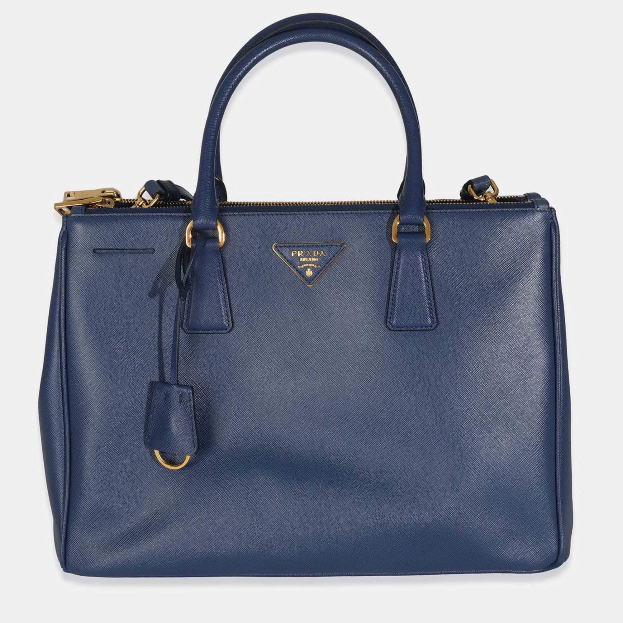 Pre Owned Prada Navy Saffiano Medium Galleria Double Zip Tote