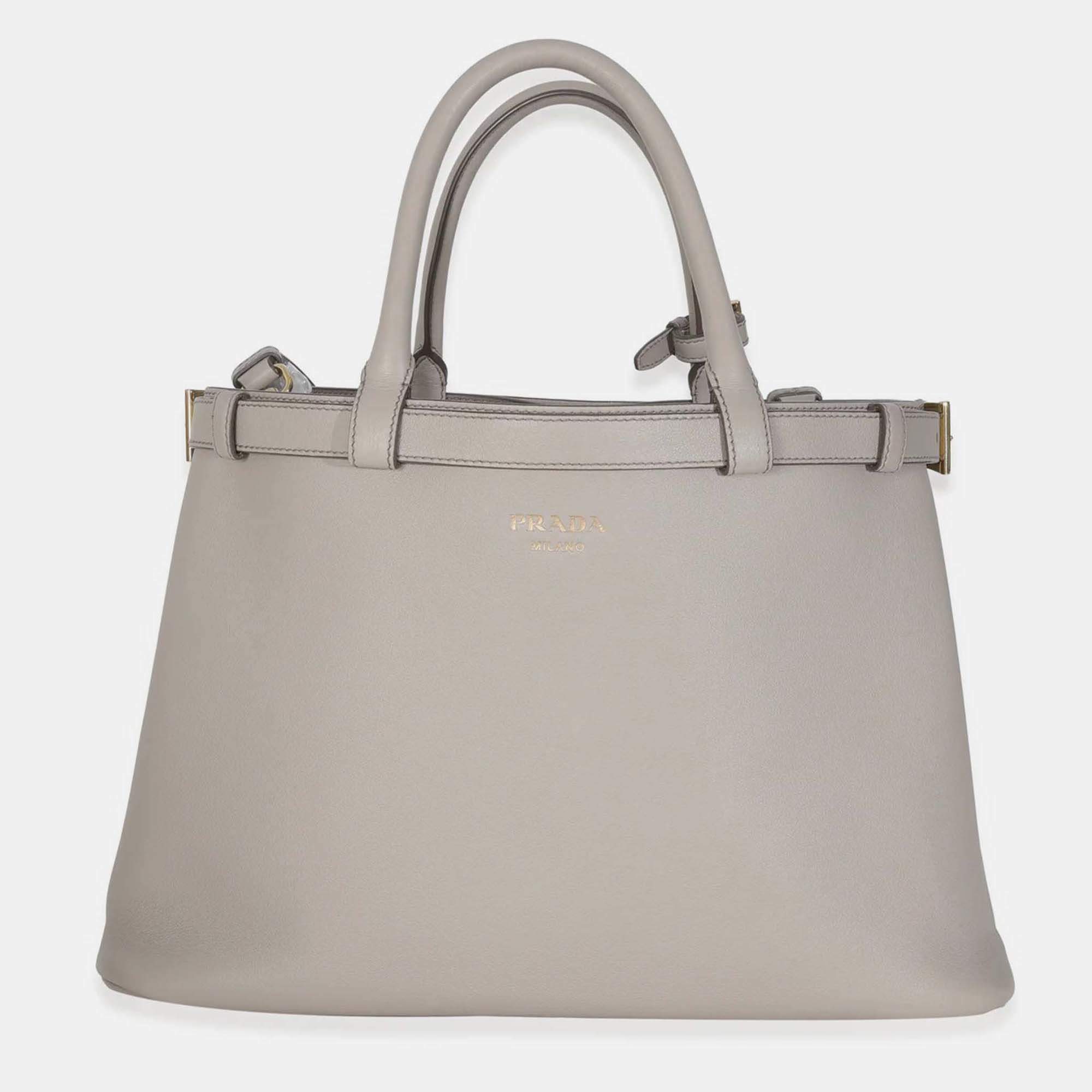 Pre Owned Prada Grey Soft Grained Calfskin Vitello Medium Buckle Bag