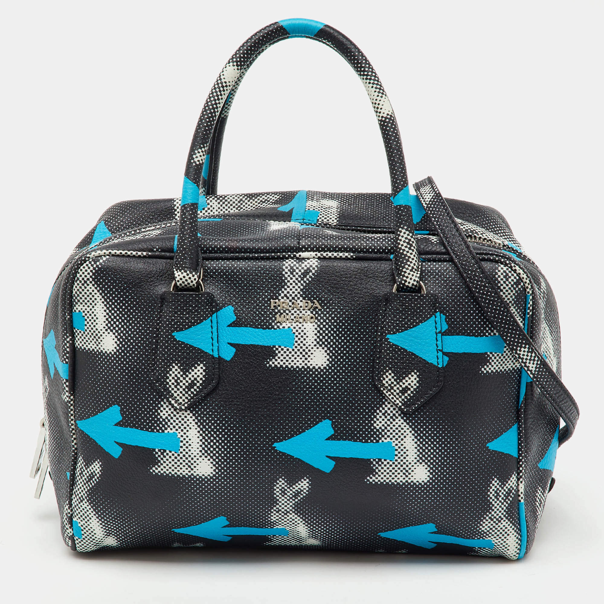 Pre Owned Prada Black Vitello Daino Leather Rabbit Print Inside Satchel
