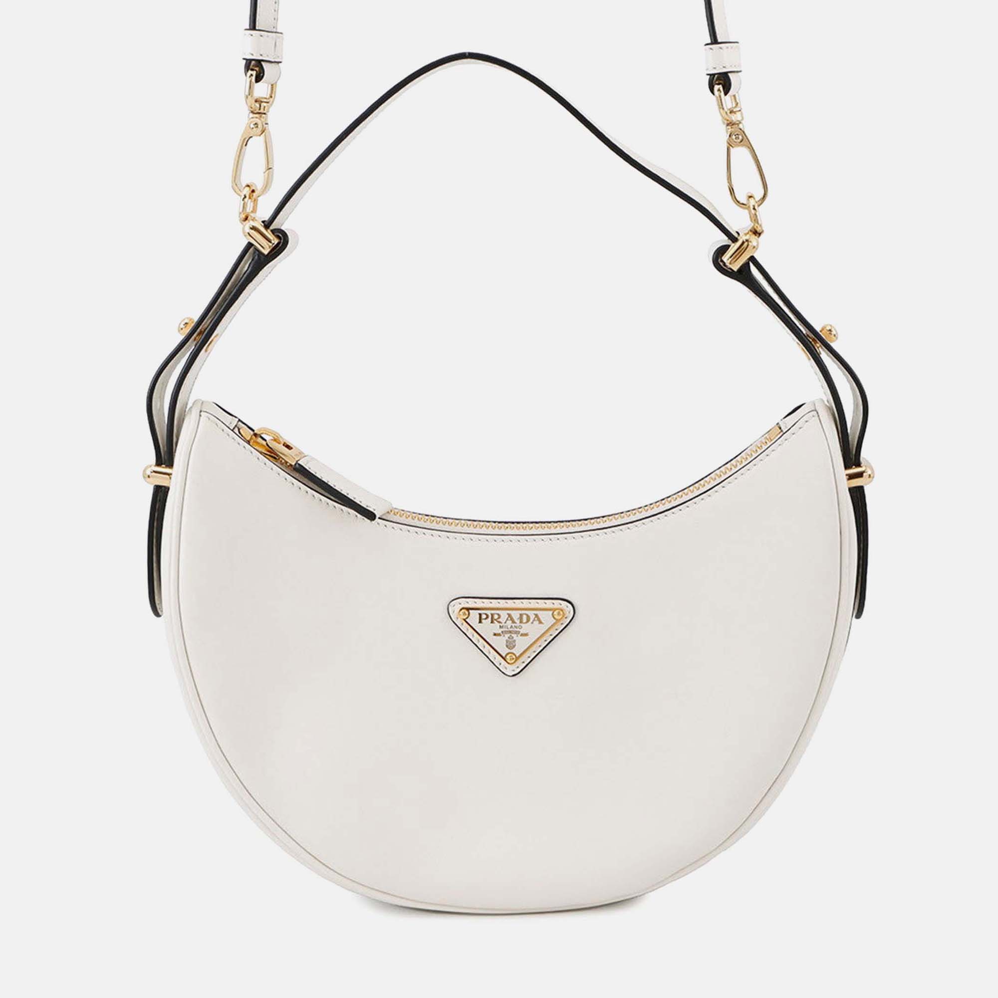 Pre Owned Prada Arke Shoulder Bag White Leather Size Small