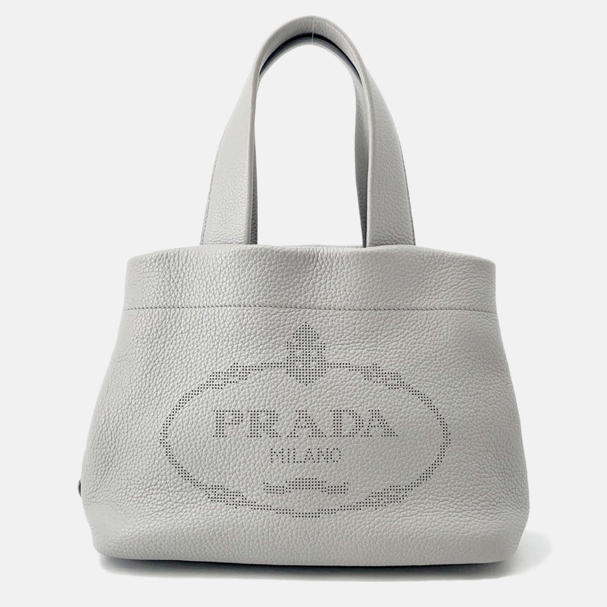 Pre Owned Prada Punching Logo Tote Bag Gray Leather Size Small