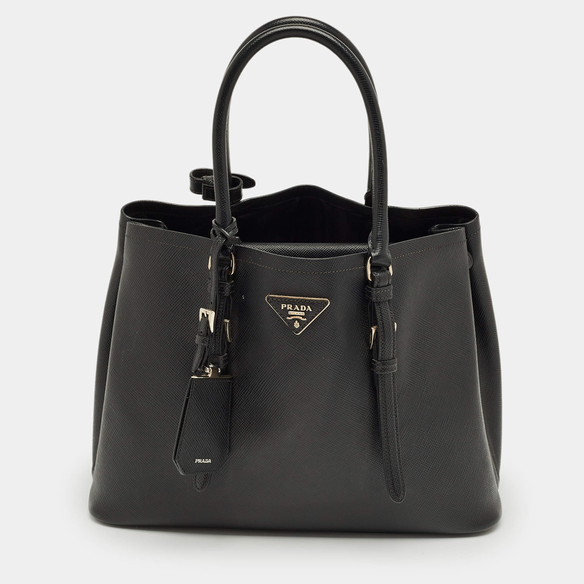Pre Owned Prada Black Saffiano Cuir Leather Medium Double Handle Tote