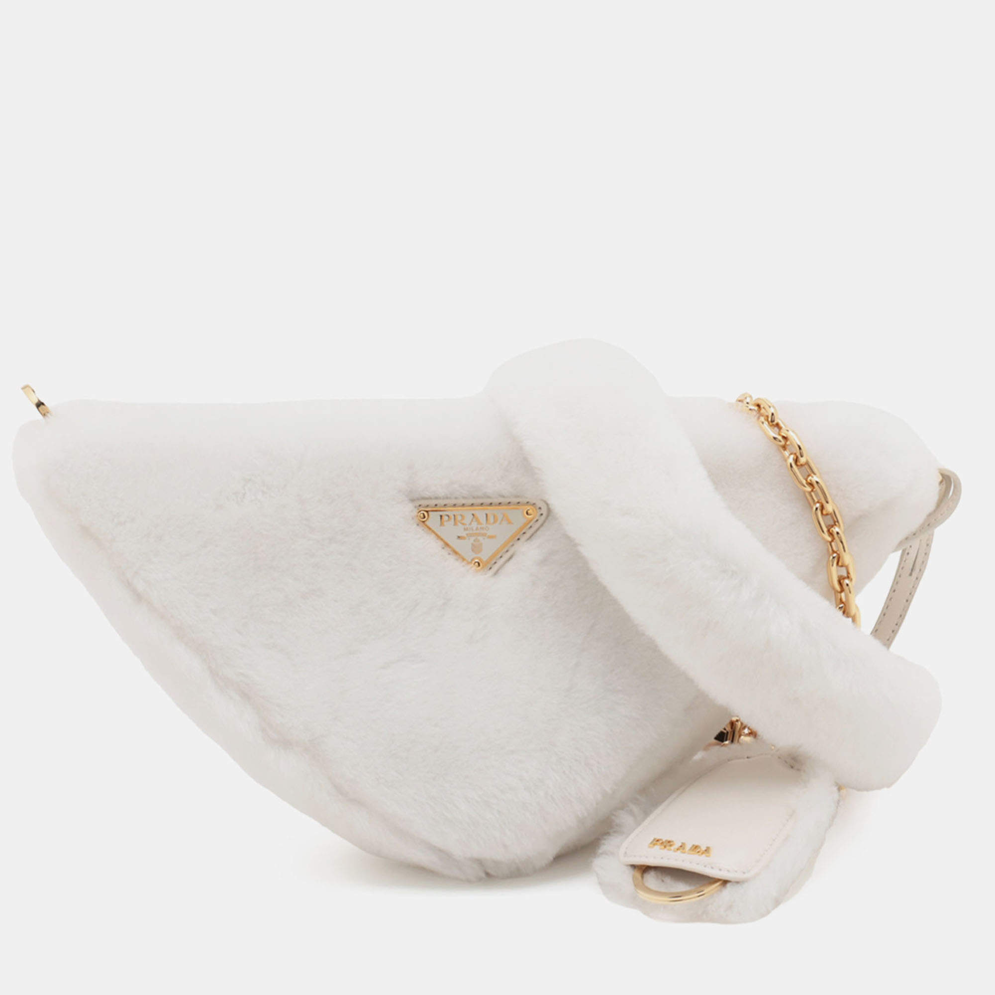 Pre Owned Prada White Mini Shearling Triangle Satchel