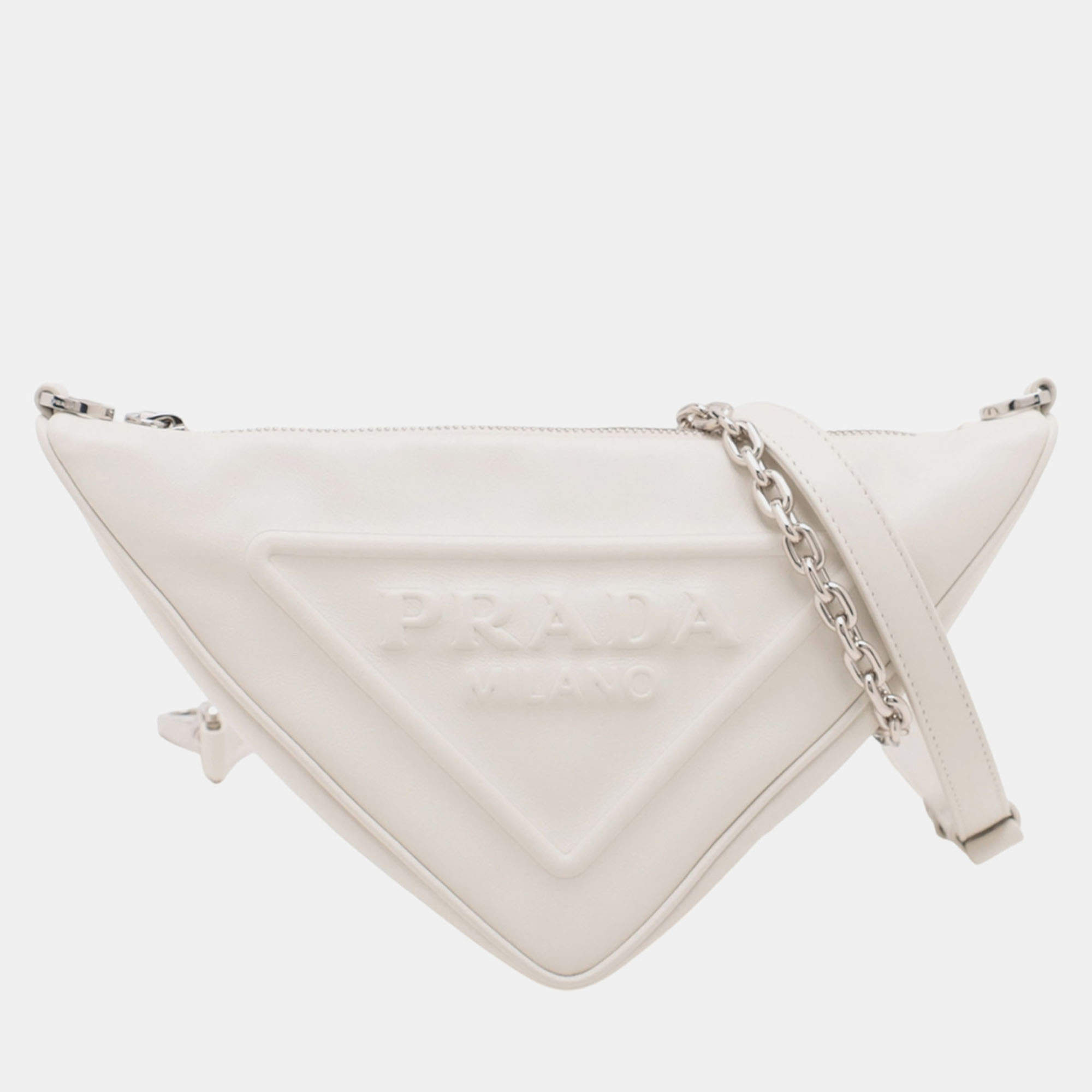 Pre Owned Prada White Grace Lux Triangle Crossbody