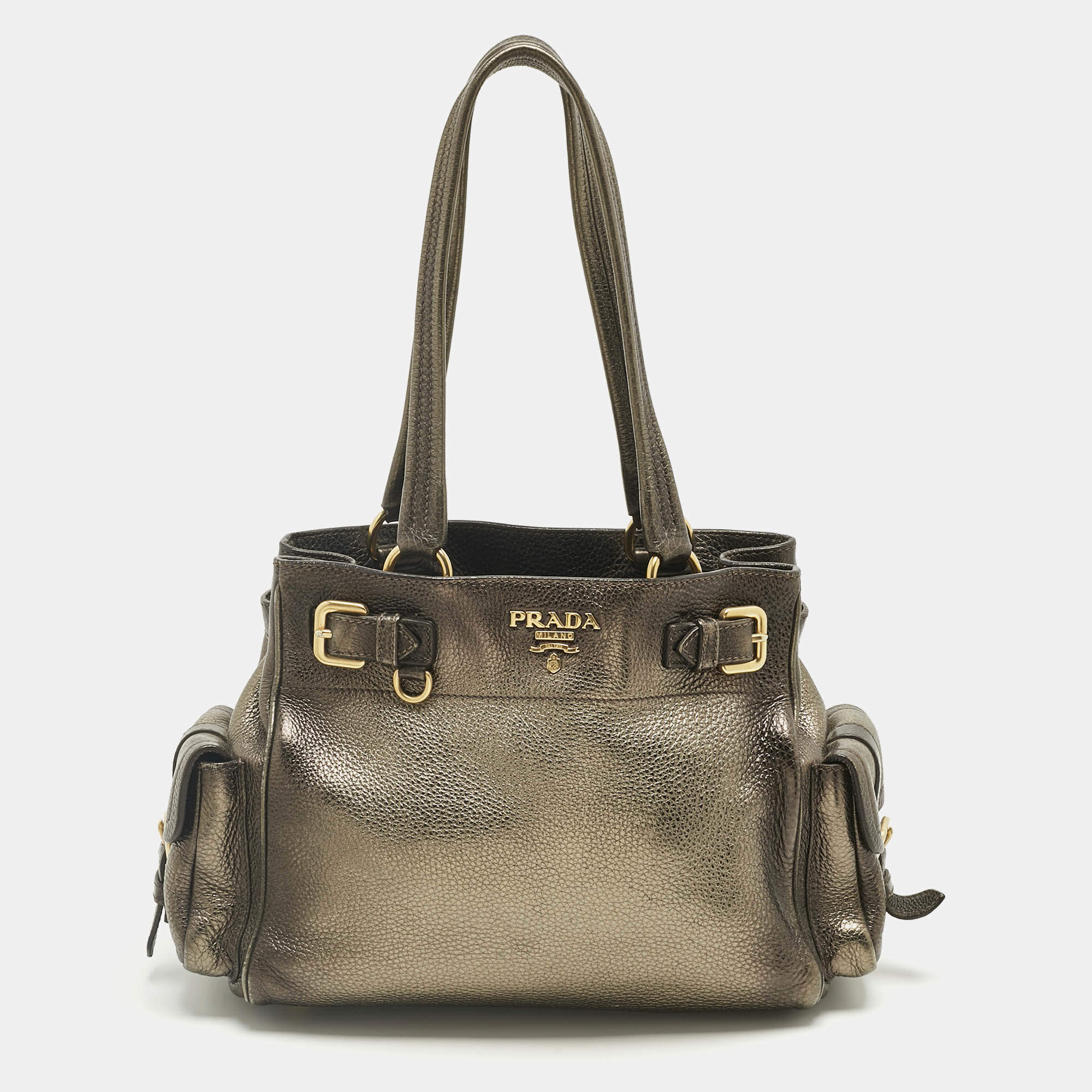 Pre Owned Prada Metallic Ombre Vitello Daino Leather Side Pocket Tote