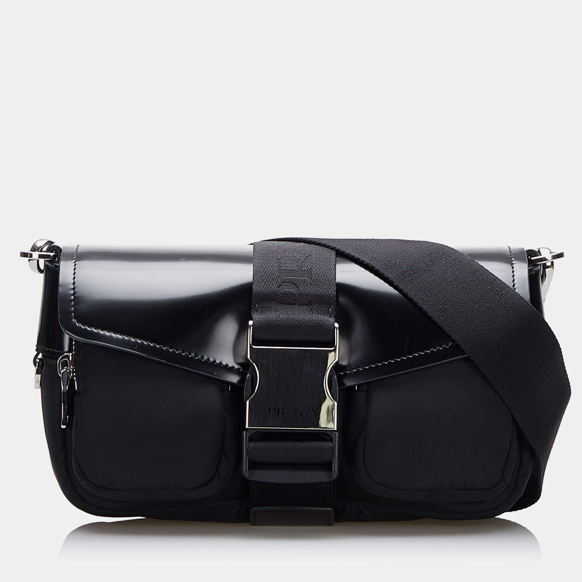 Pre Owned Prada Black Re-Nylon & Spazzolato Pocket Crossbody