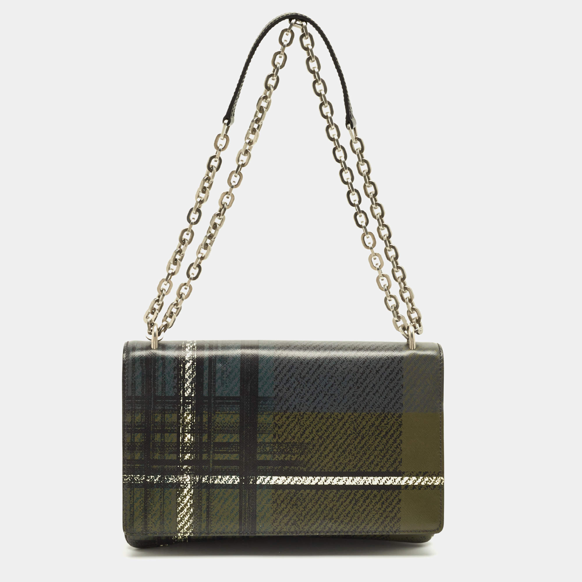 Pre Owned Prada Green Tartan Saffiano Print Leather Chain Flap Shoulder Bag