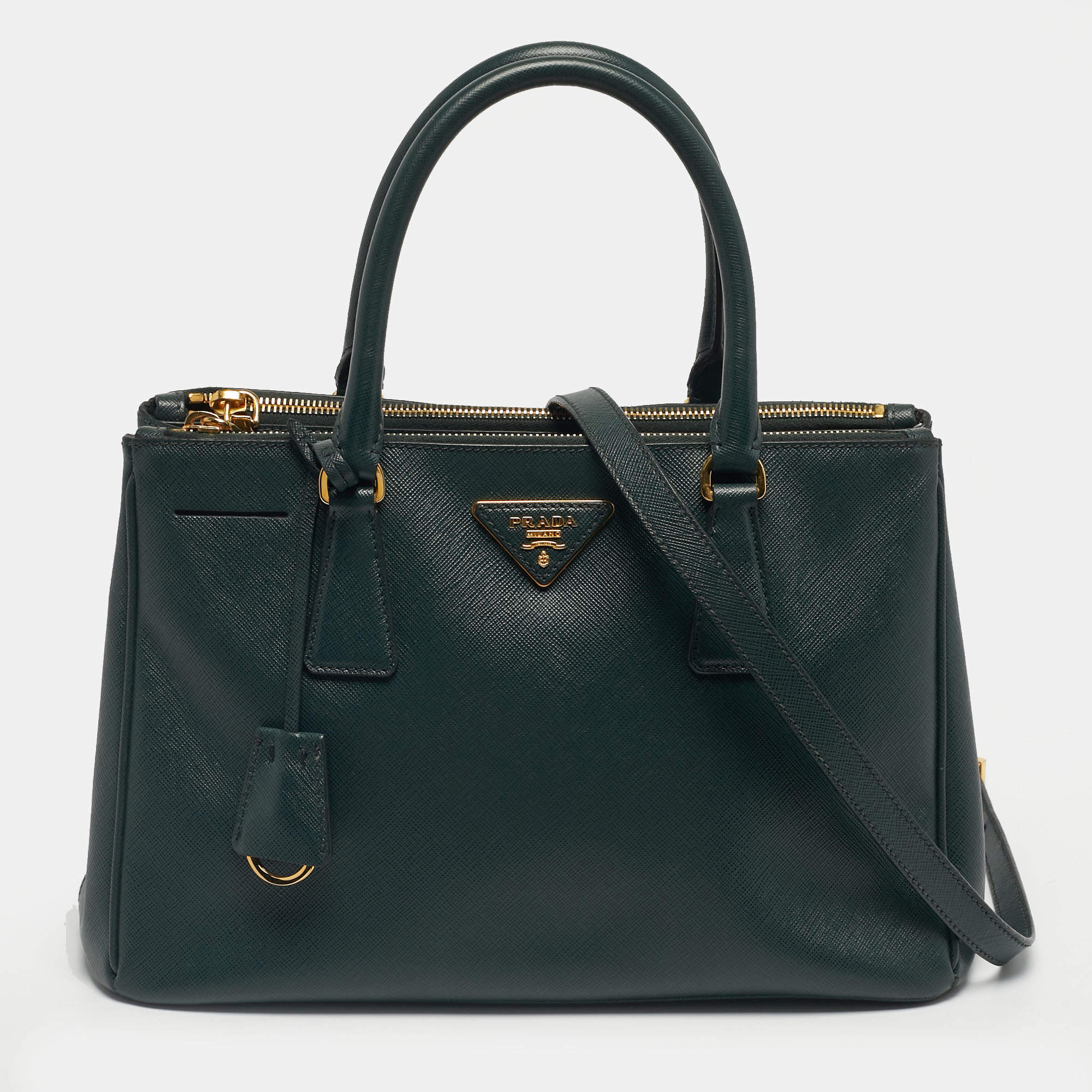 Pre Owned Prada Green Saffiano Lux Leather Small Galleria Double Zip Tote