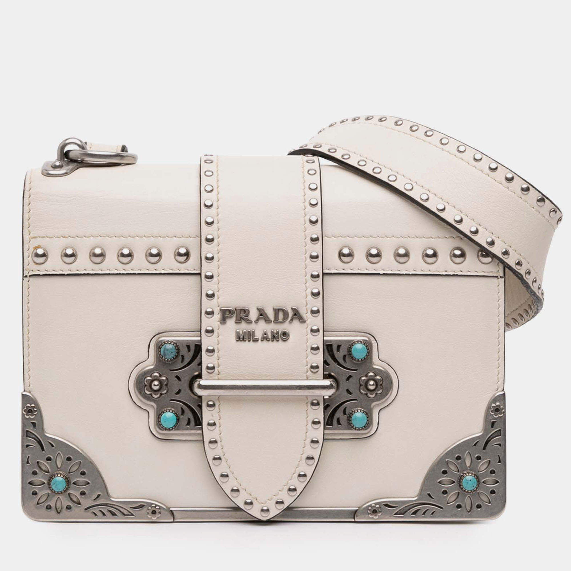 Pre Owned Prada White City Calf Studded Folk Cahier Crossbody