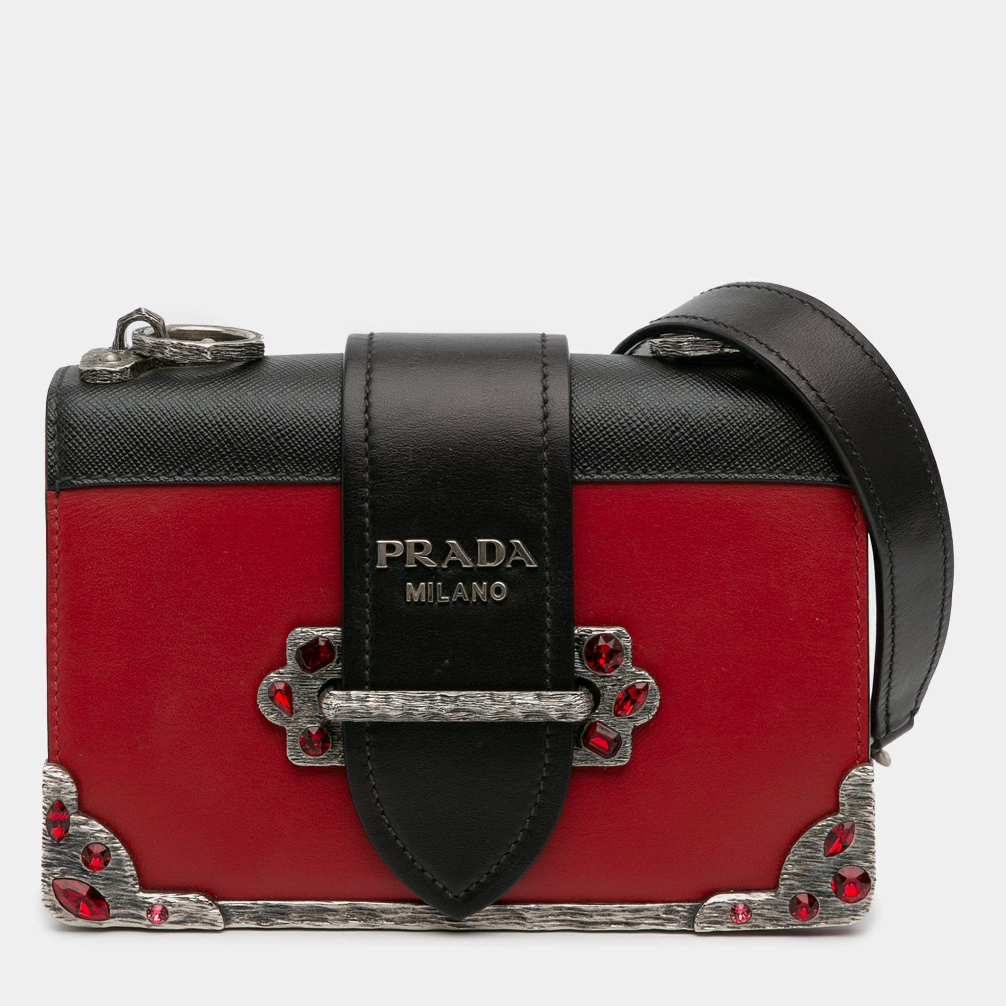 Pre Owned Prada Black/Red Saffiano Trimmed City Calf Crystal Cahier Crossbody