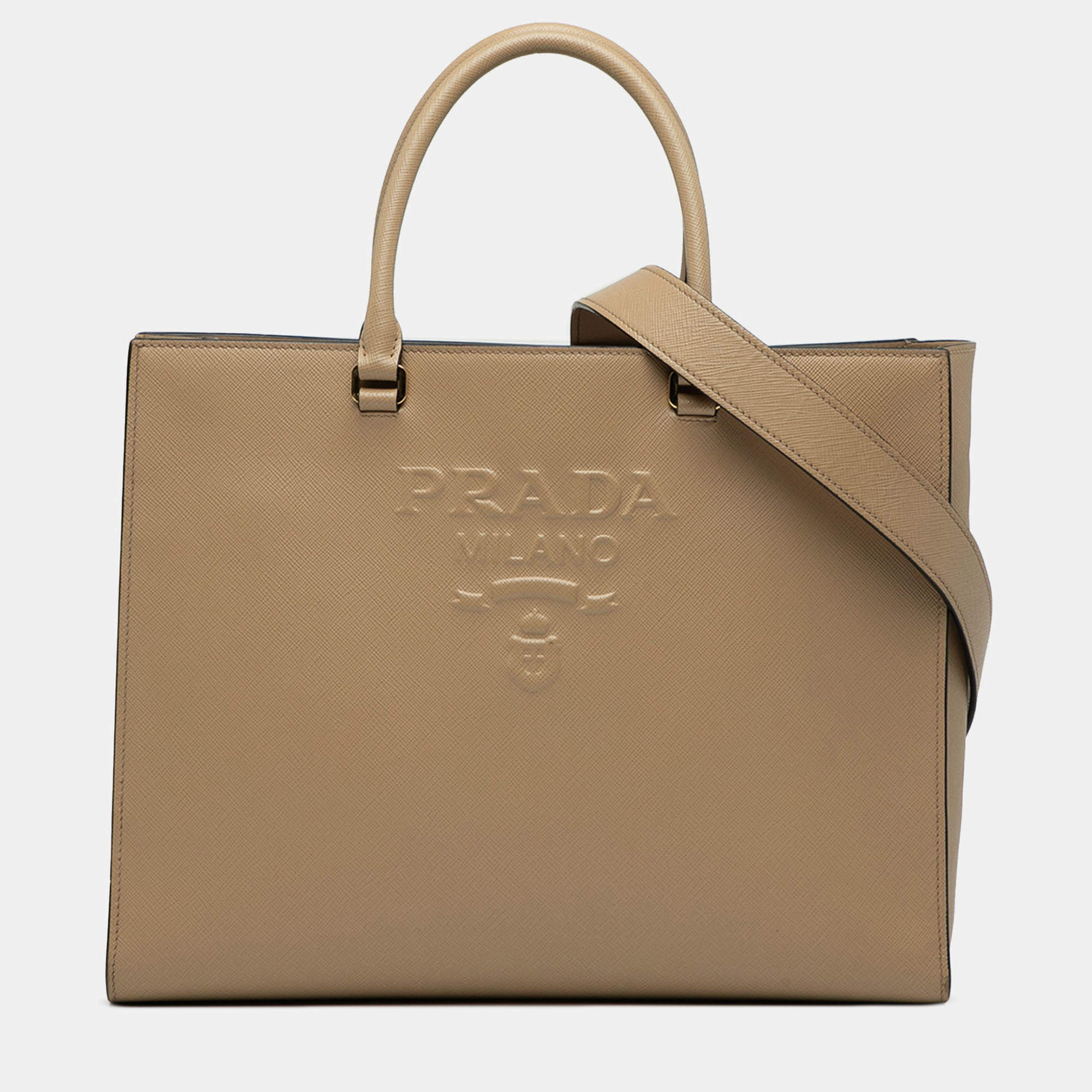 Pre Owned Prada Brown Large Saffiano Lux Embossed Logo Convertible Tote