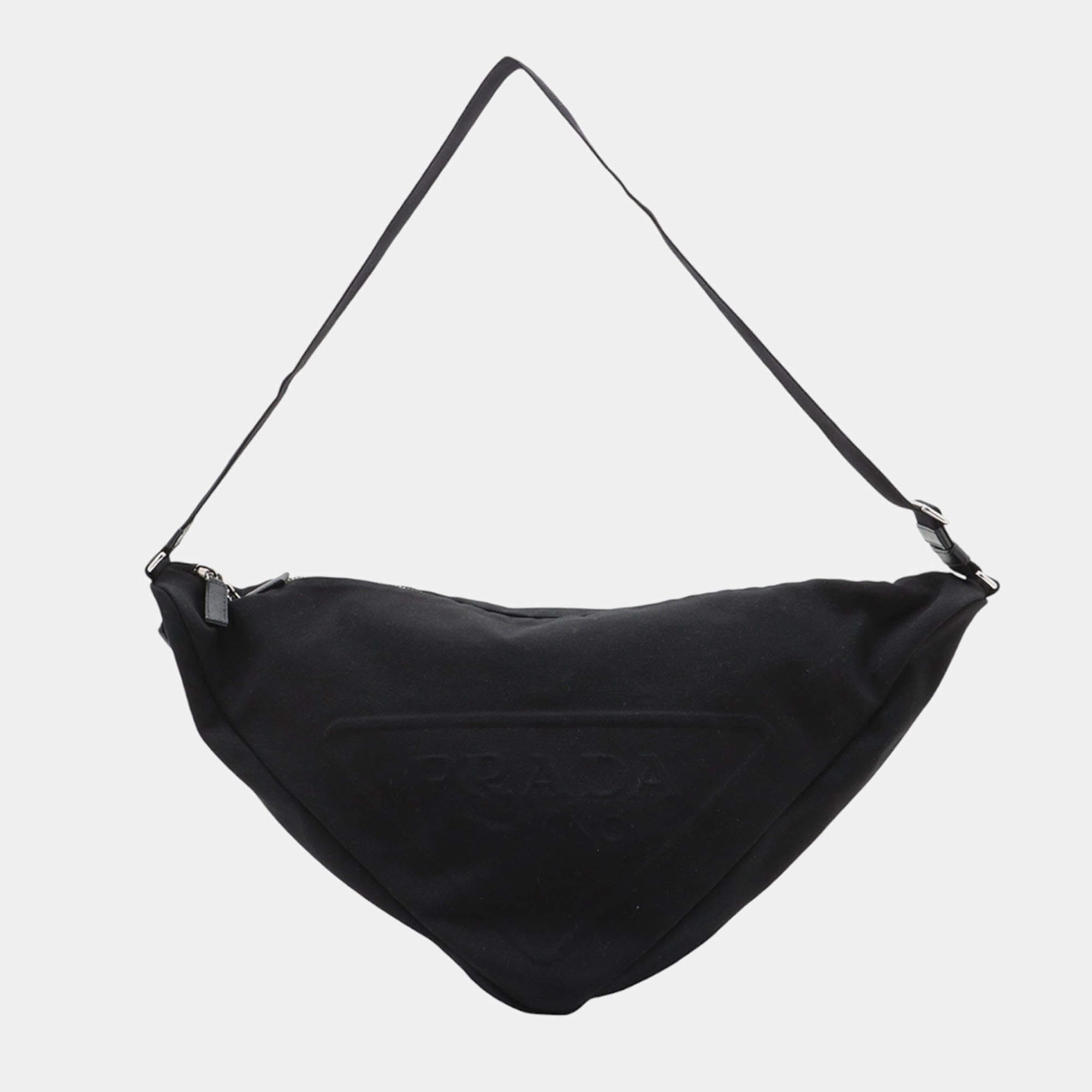 Pre Owned Prada Black Canvas Canapa Triangle Logo Shoulder Bag