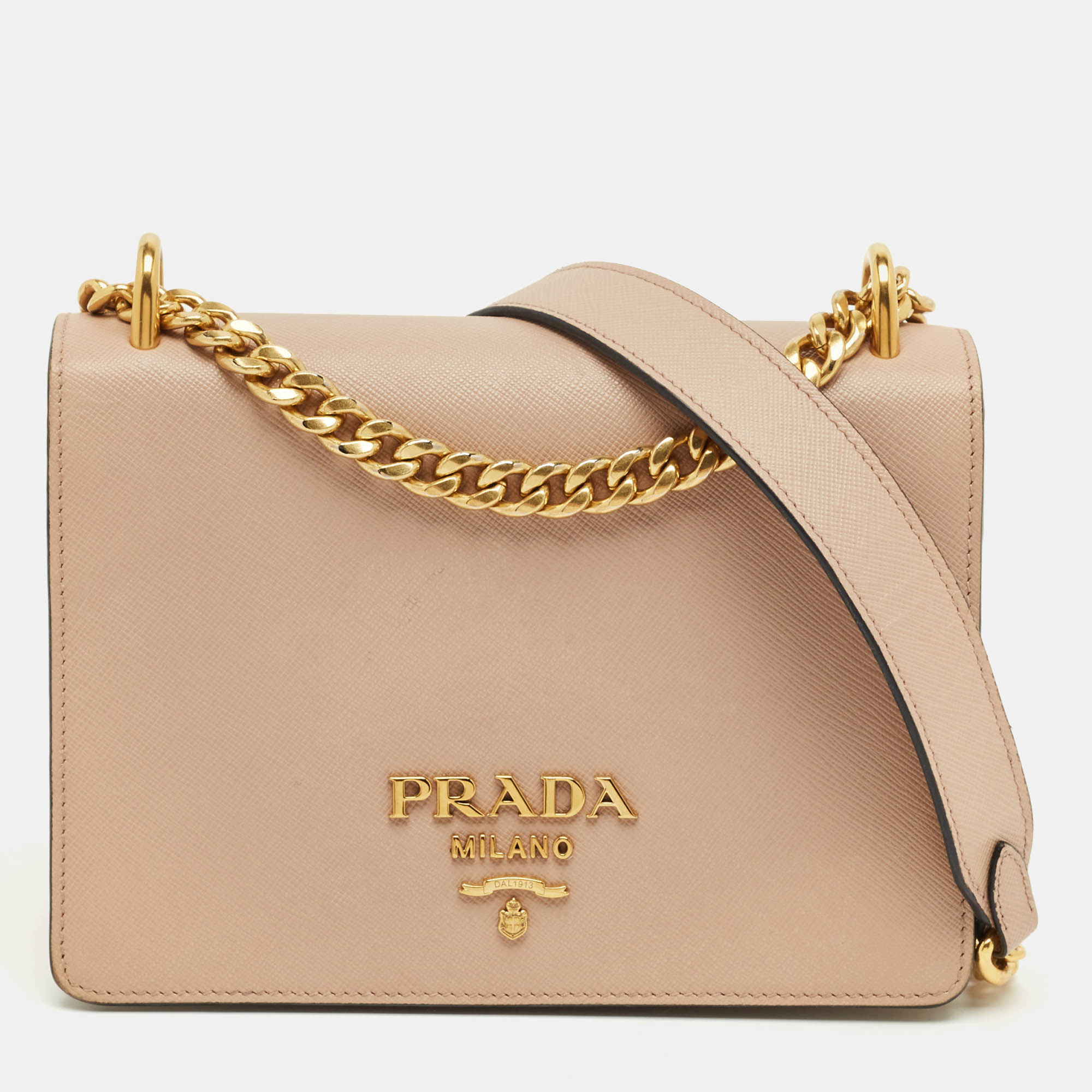 Pre Owned Prada Beige Saffiano Lux Leather Logo Flap Chain Bag