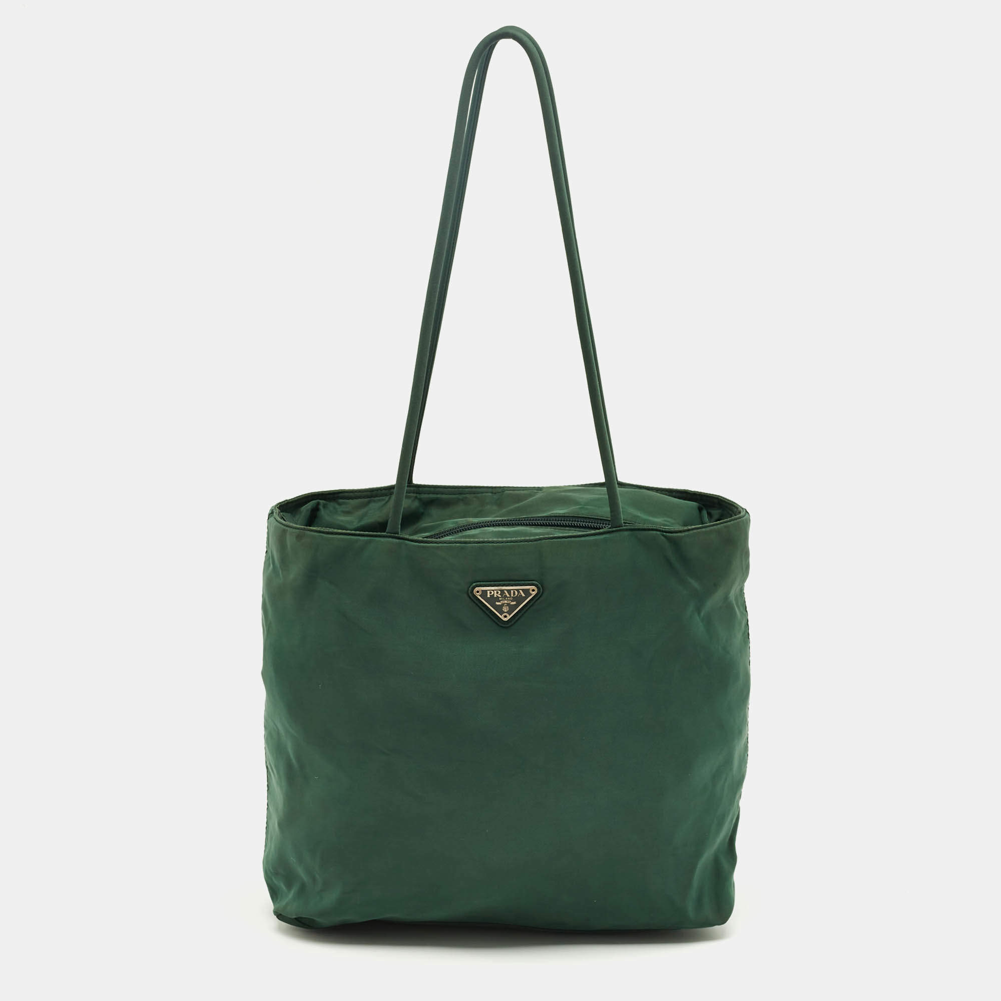 Pre Owned Prada Green Nylon Logo Triangle Zip Tote