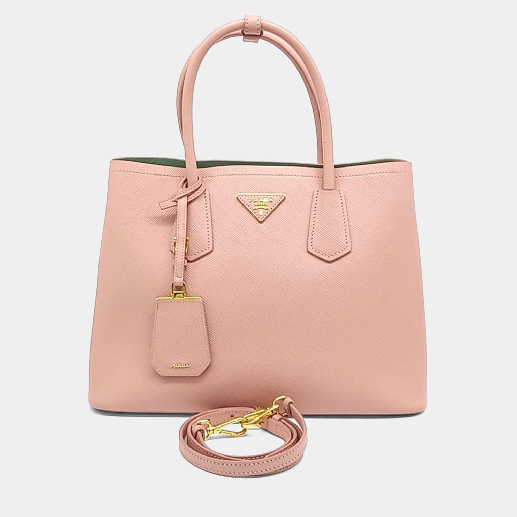 Pre Owned Prada Pink Leather Saffiano Double Tote and Shoulder Bag