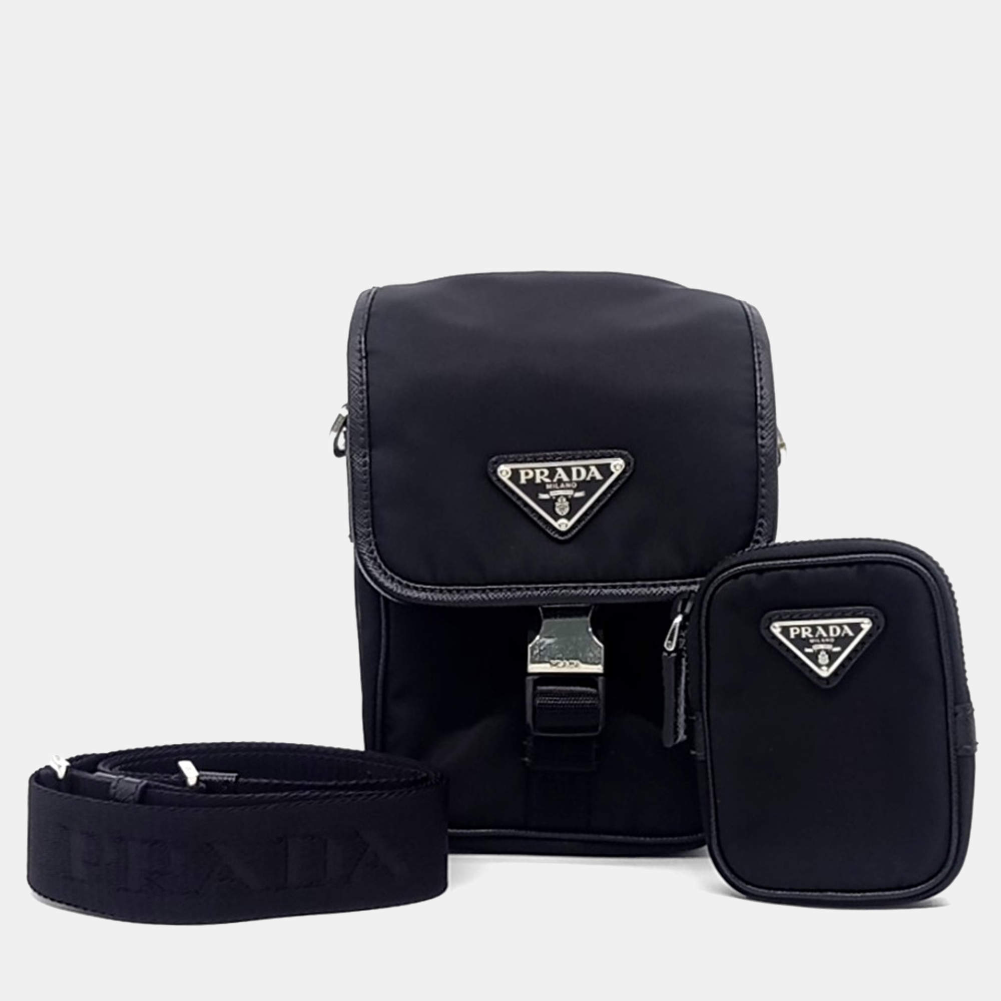 Pre Owned Prada Black Saffiano Leather Tessuto Crossbody Bag