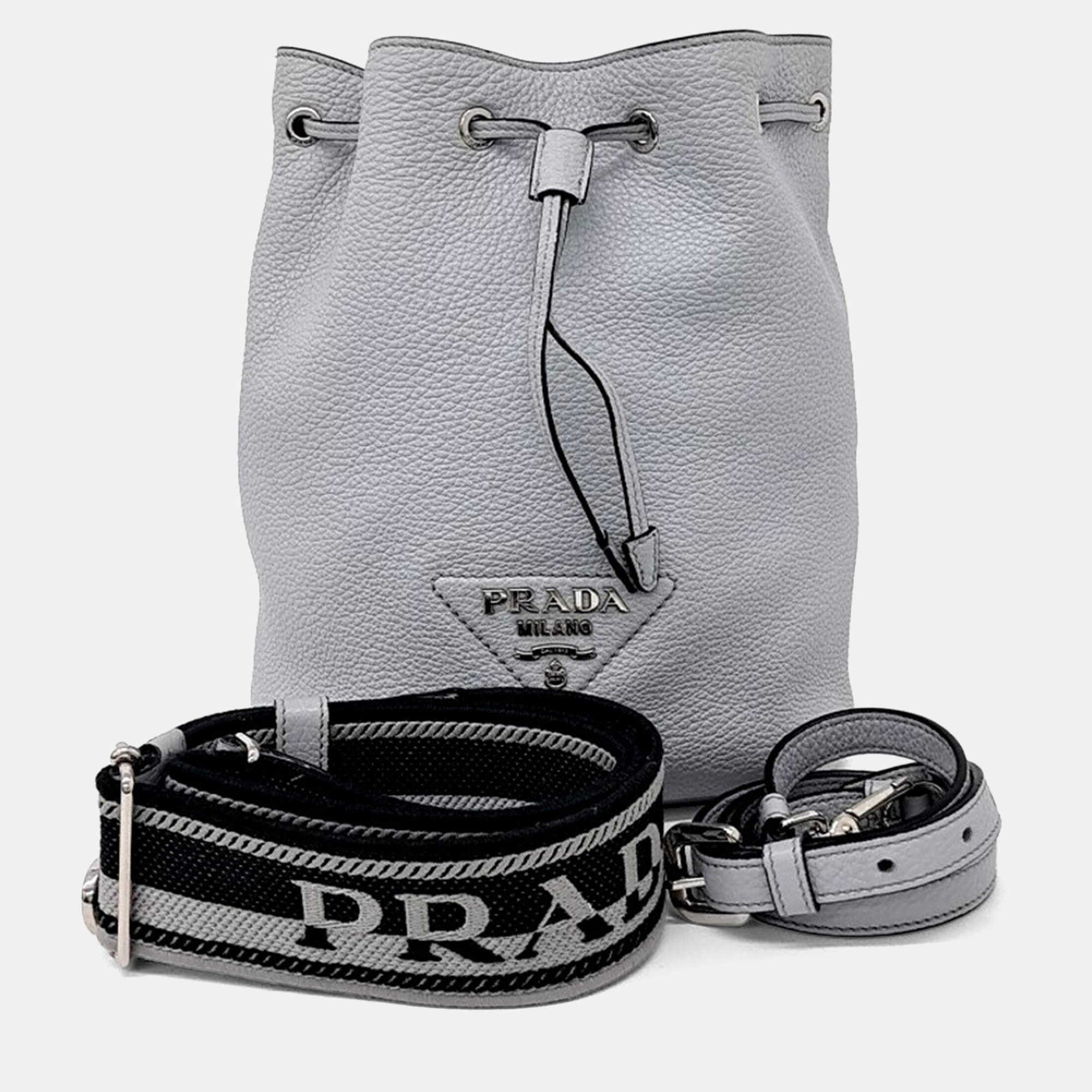 Pre Owned Prada Grey Leather Vitello Dino Bucket Bag