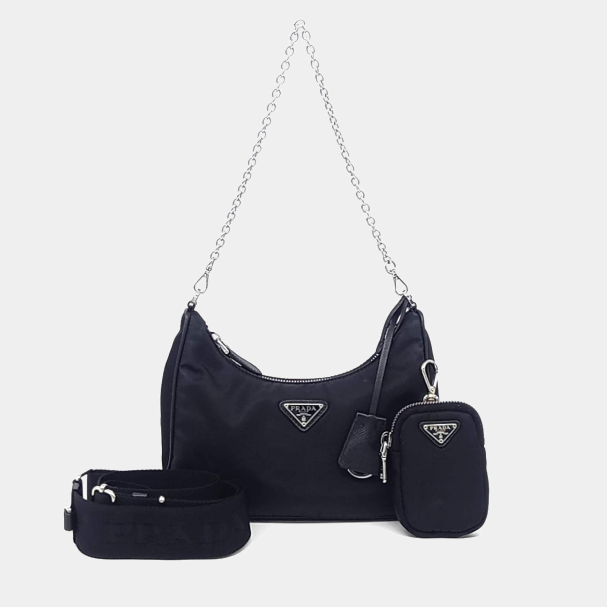 Pre Owned Prada Black Nylon Re-Nylon Tessuto Chain Strap Hobo Bag