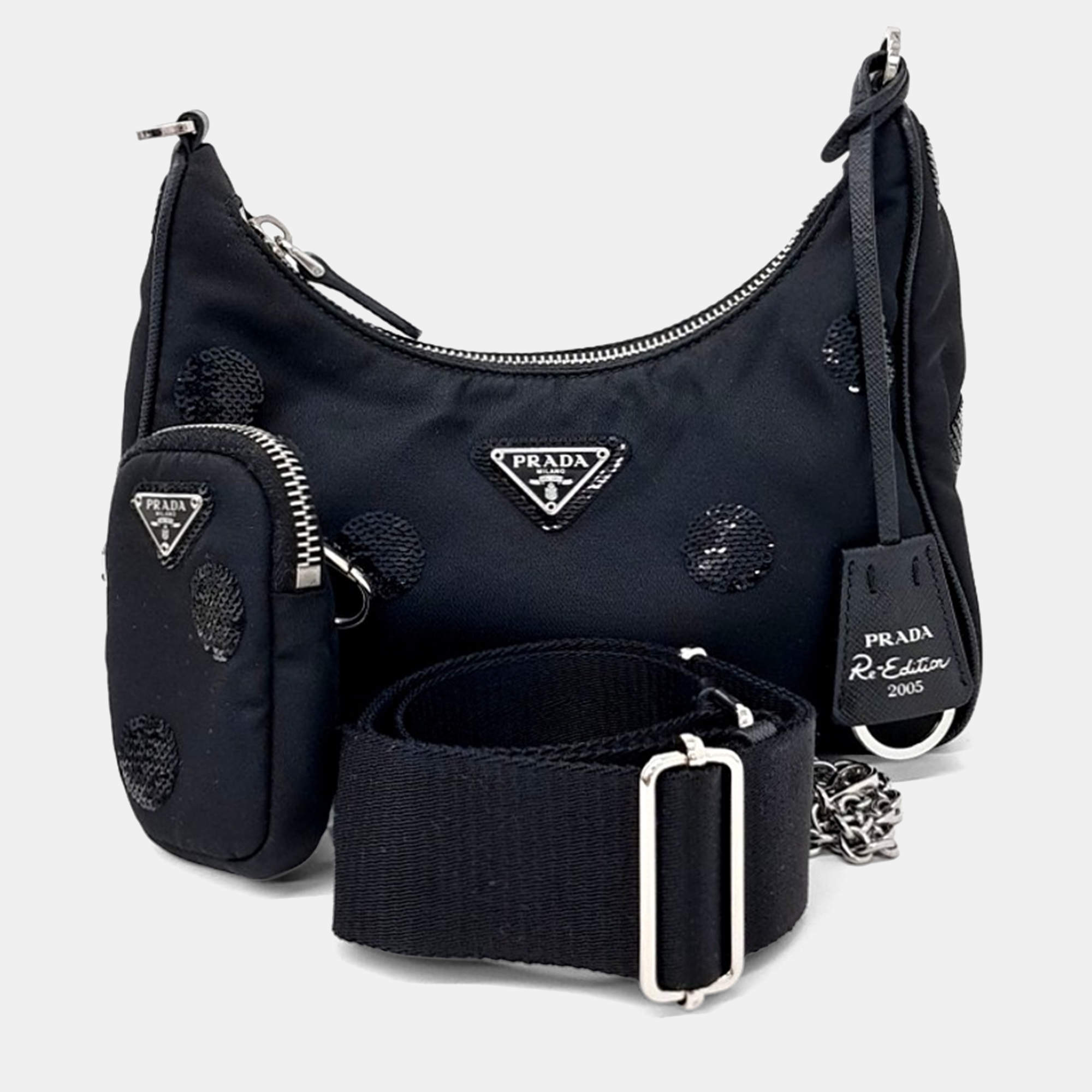Pre Owned Prada Black Nylon Re-Nylon Polka Dot Tessuto Chain Strap Hobo Bag